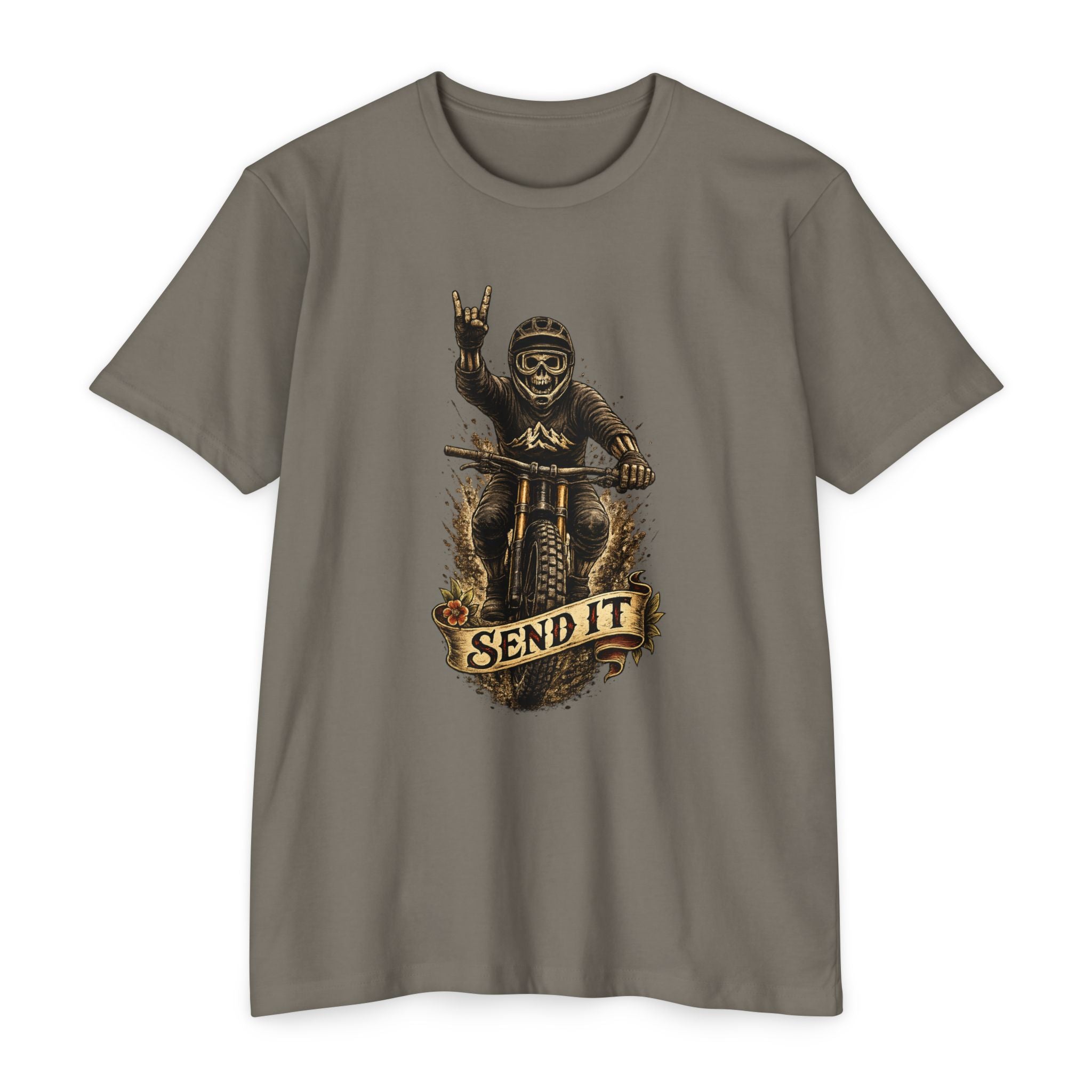 MTB T-Shirt – Send It Skeleton Downhill Rider Graphic Tee | Single Track Dreamer
