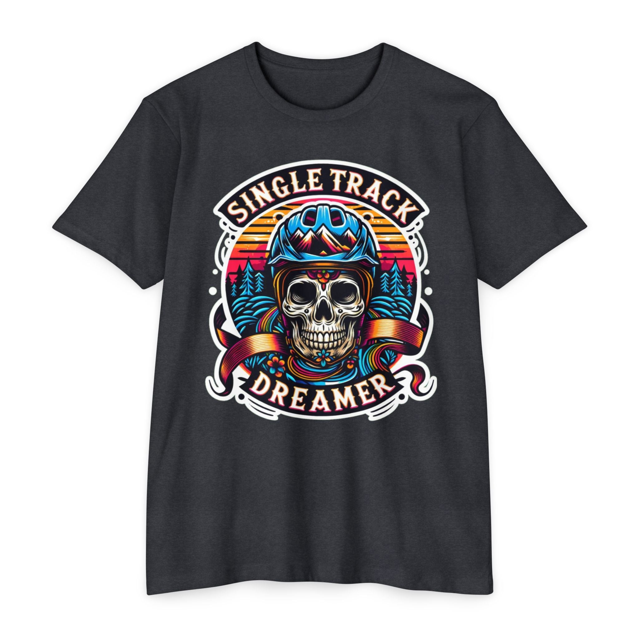 Dark heather gray Vintage Skull Rider Tee showcasing a vivid skull helmet design, perfect for trail riders and retro streetwear fans.