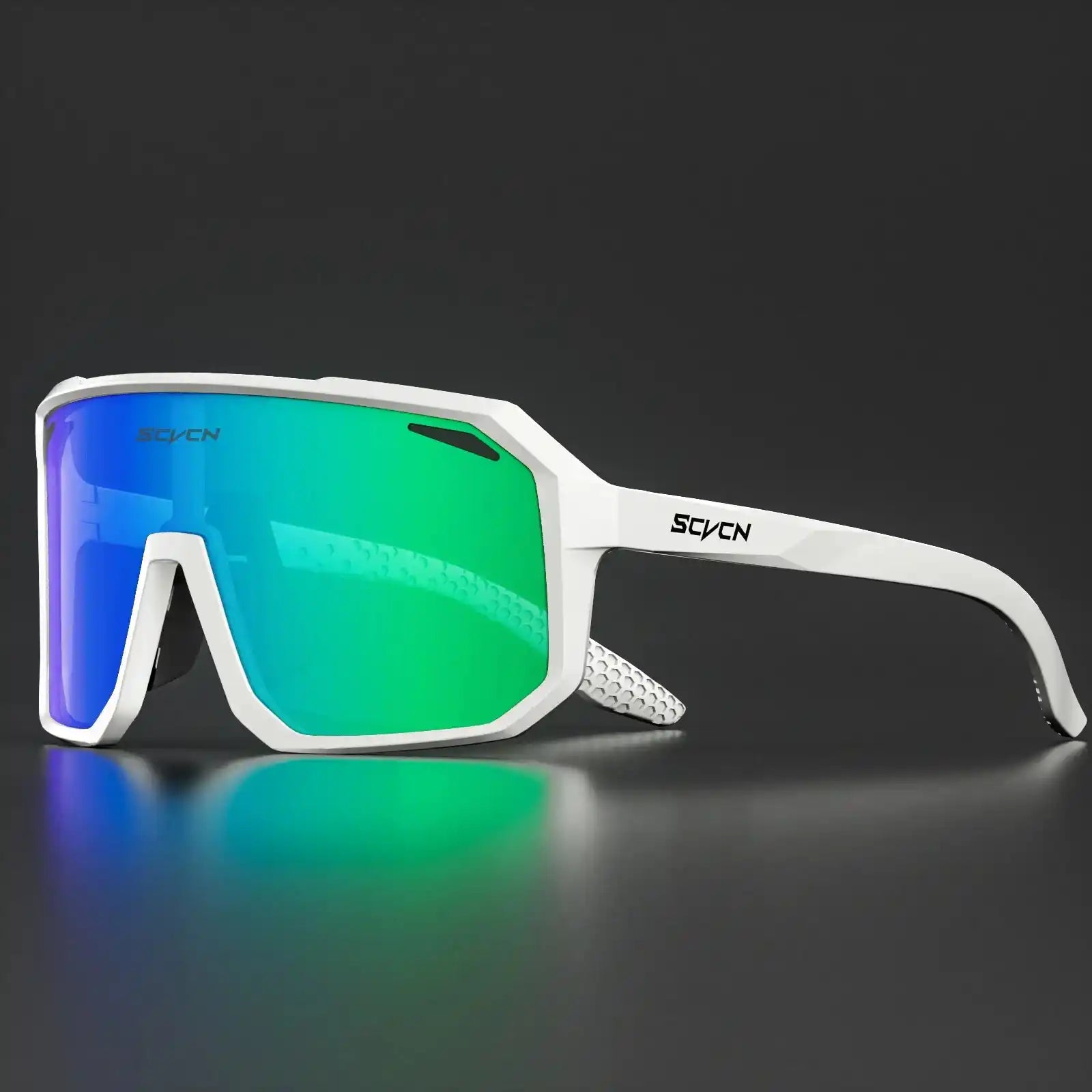 White SCVCN HOT MTB cycling sunglasses with green UV400 lenses, built for outdoor sports, running, and high-impact cycling.