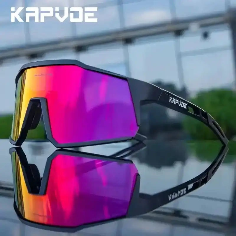 Kapvoe UV400 polarized cycling sunglasses with red mirrored lens. Reflective surface highlights ultra light design for cyclists.