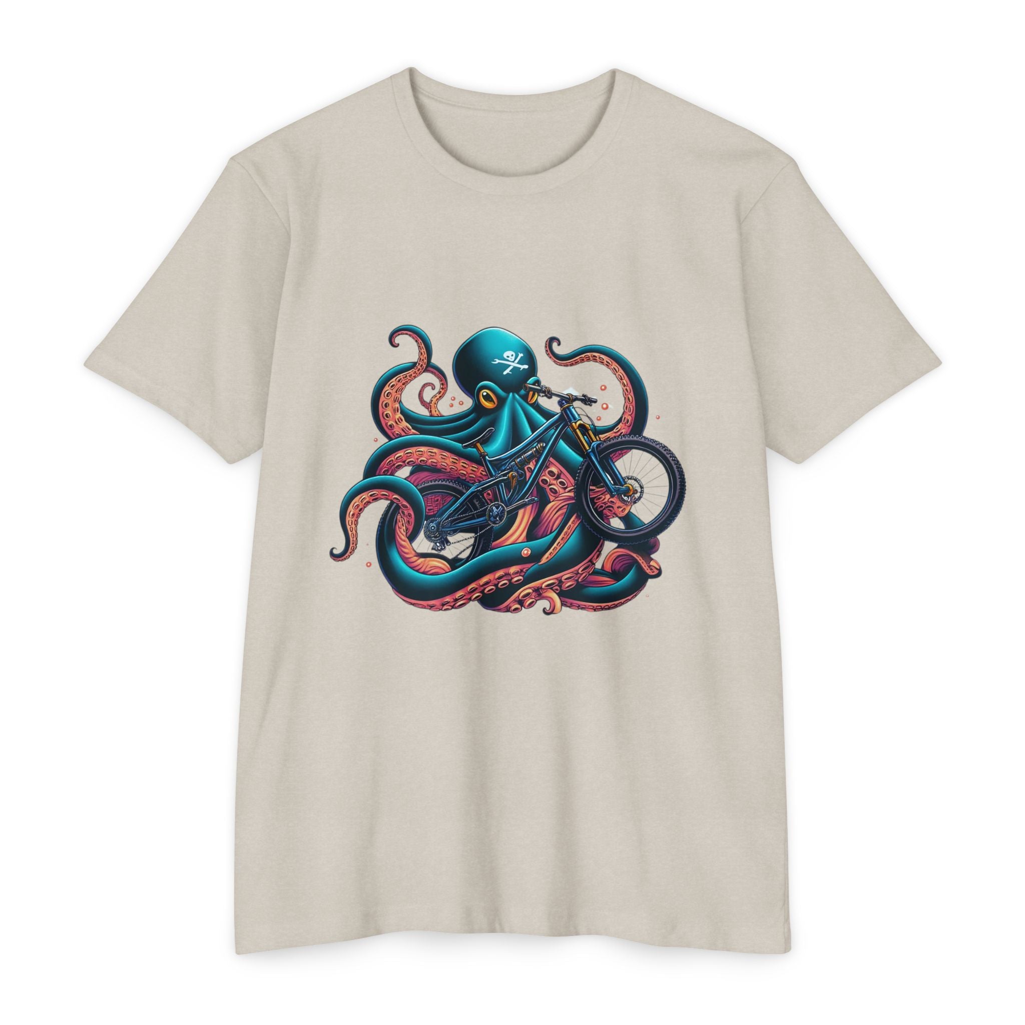 Beige t-shirt with a colorful octopus design on a white background