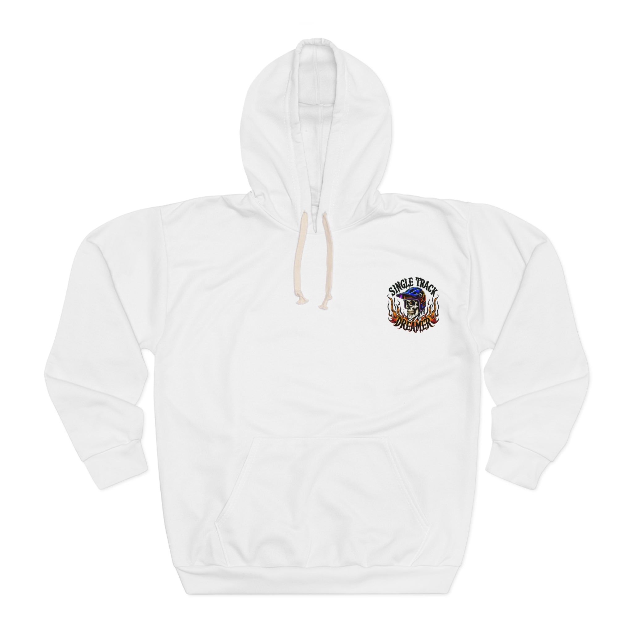 Front view of the Flaming Skull MTB Hoodie featuring a small flaming skull helmet logo on the chest, ideal for bold mountain bike riders.