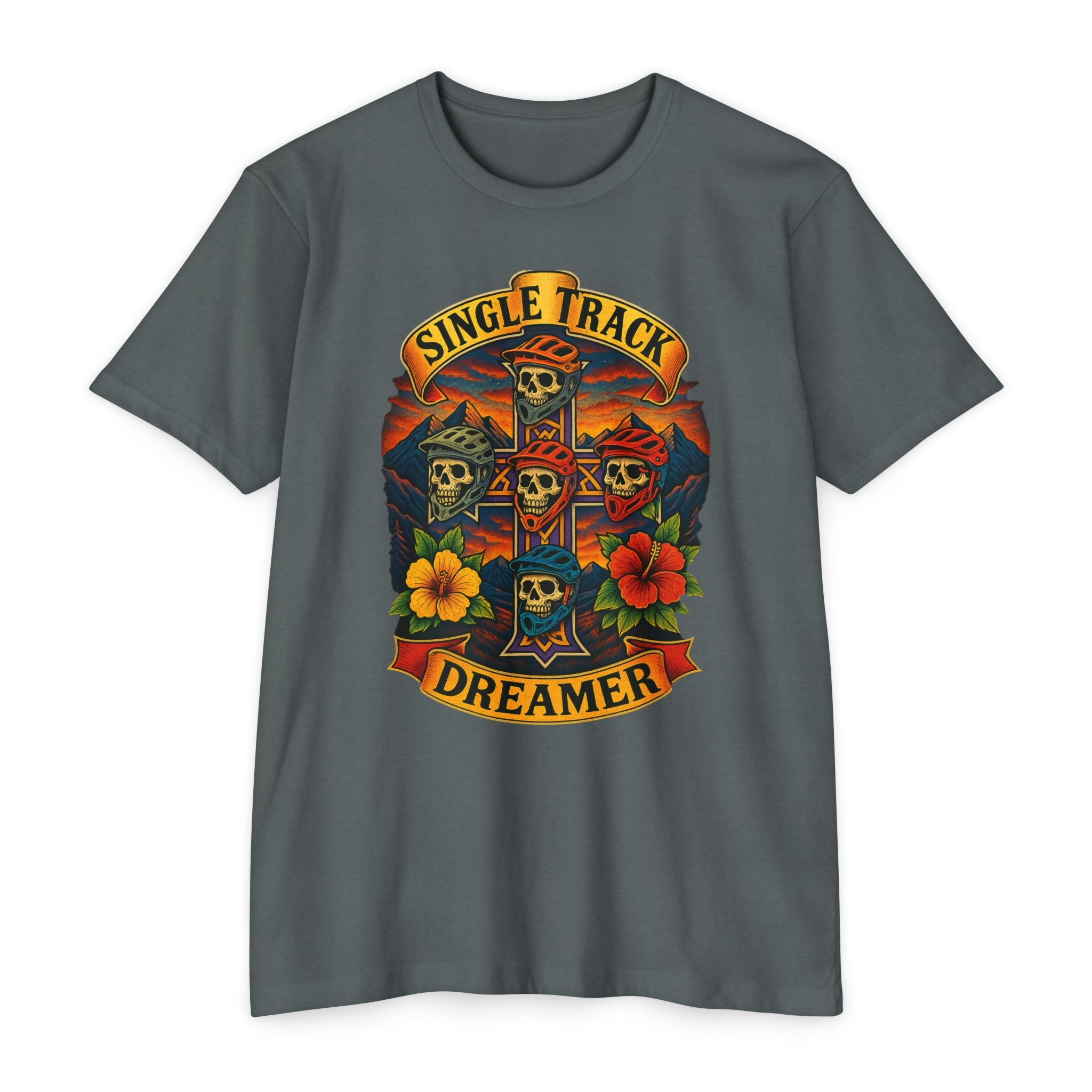 Gray t-shirt with a colorful graphic design featuring skulls, flowers, and text on a white background.