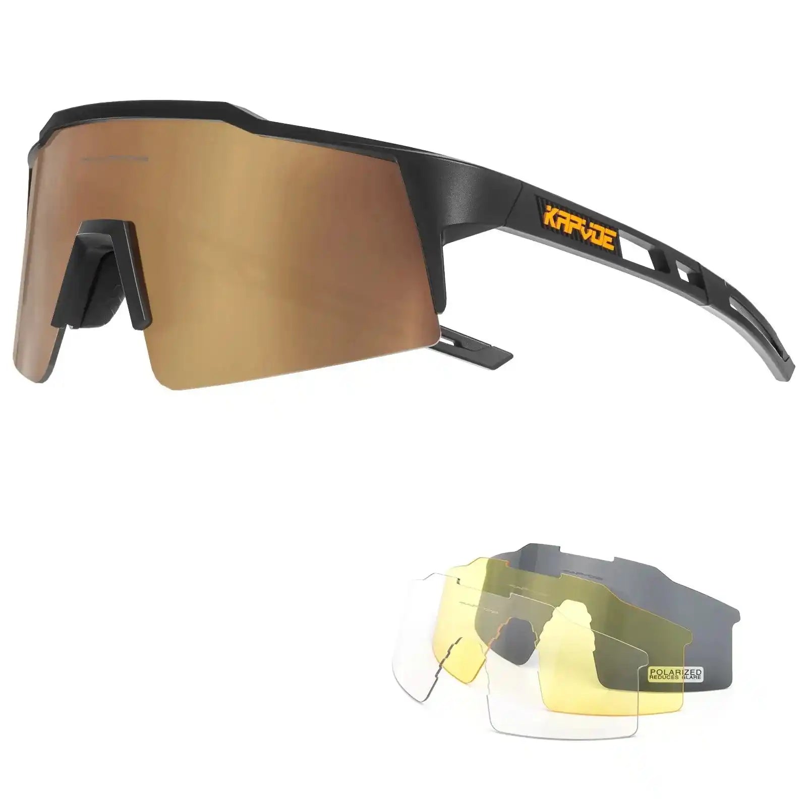 Kapvoe polarized cycling glasses with gold UV400 lens and extra lenses. Lightweight frame ideal for glare-free biking experience.