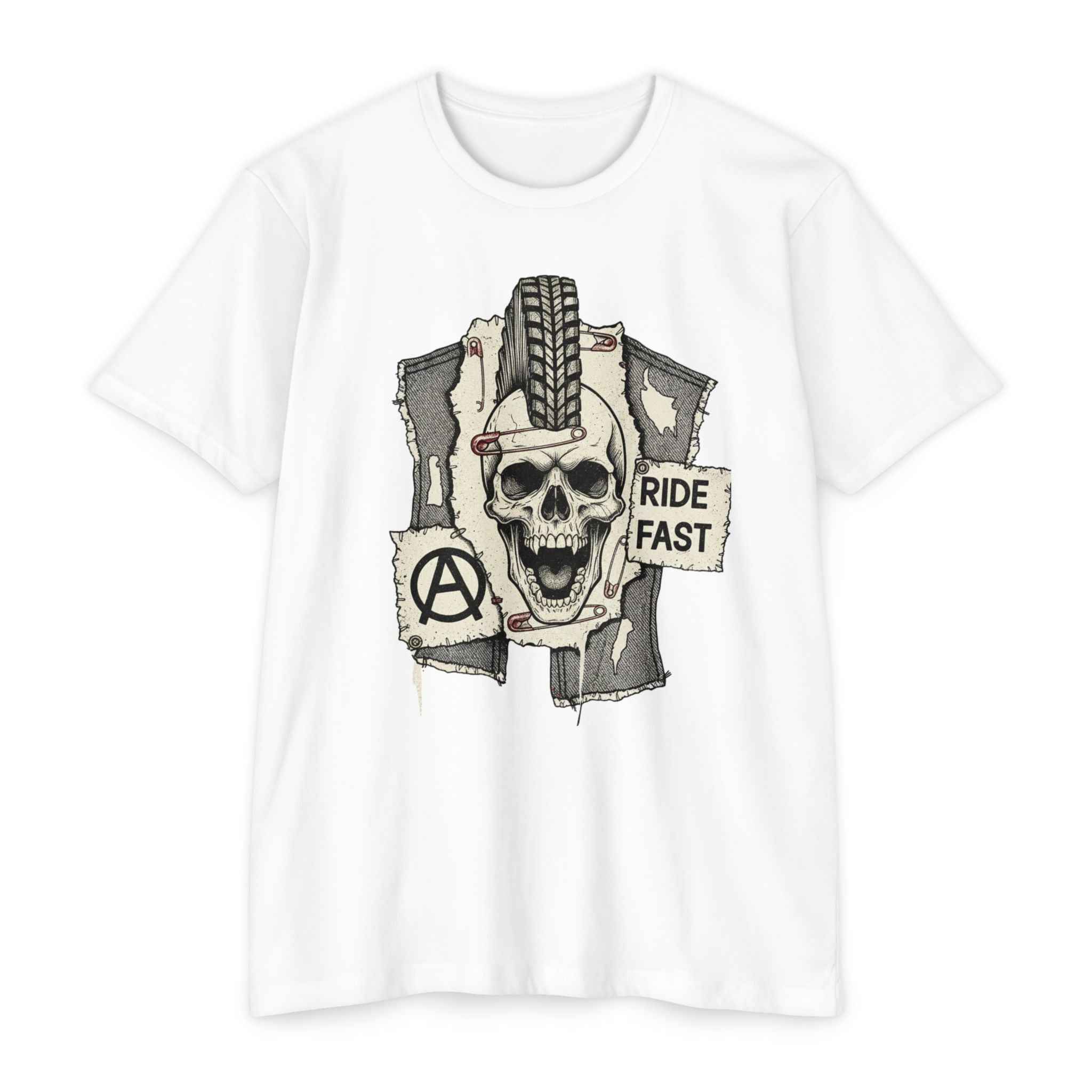 White Skull Moto Punk MTB T-Shirt with hardcore skull graphic, tire mohawk, and 'Ride Fast' message, great for rebellious mountain bikers.