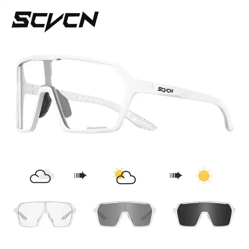 SCVCN Cycling Glasses in white with gray photochromic UV400 lenses that adapt to light levels for versatile cycling visibility.