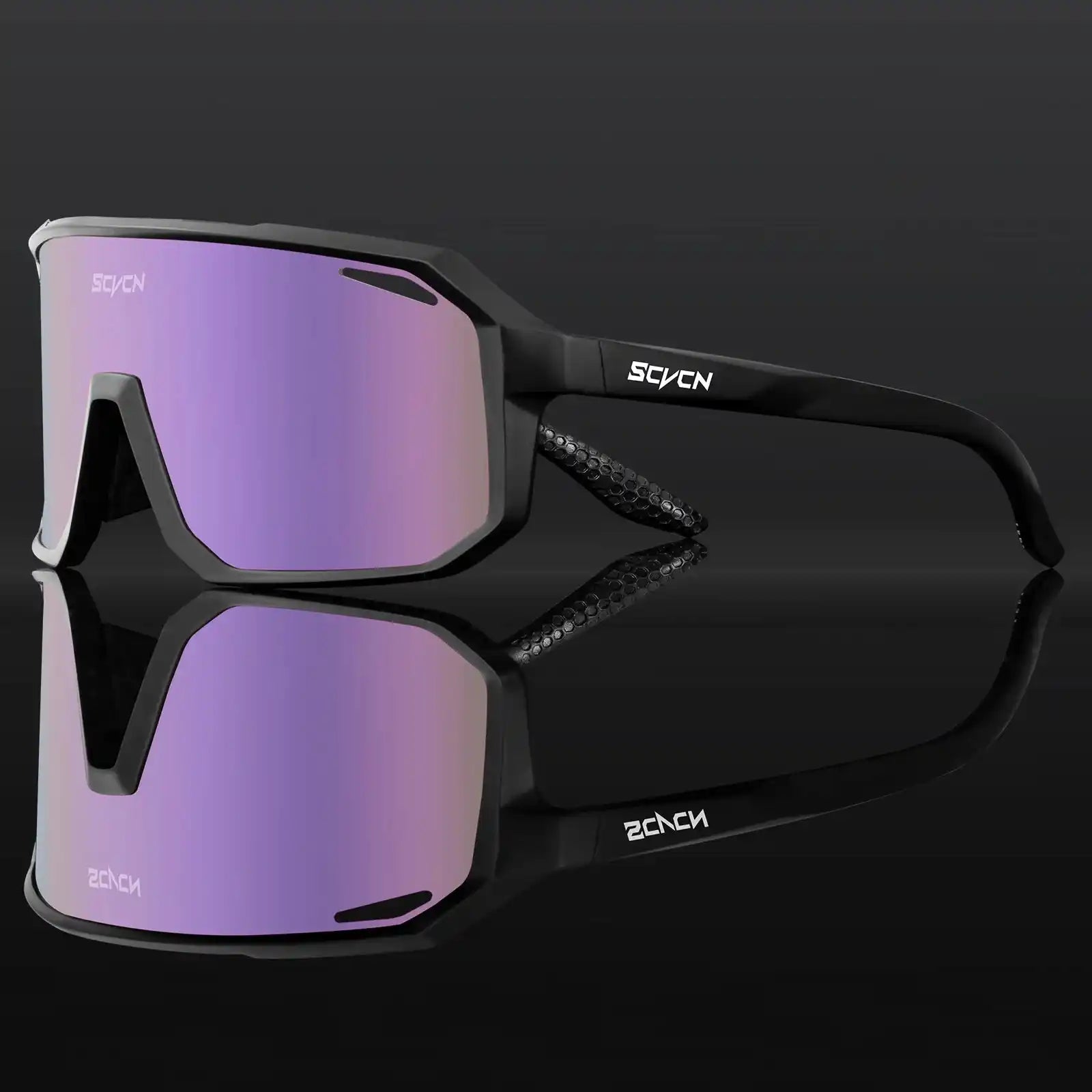 SCVCN HOT MTB cycling glasses UV400 in black with purple mirrored lenses, designed for outdoor sports and running.