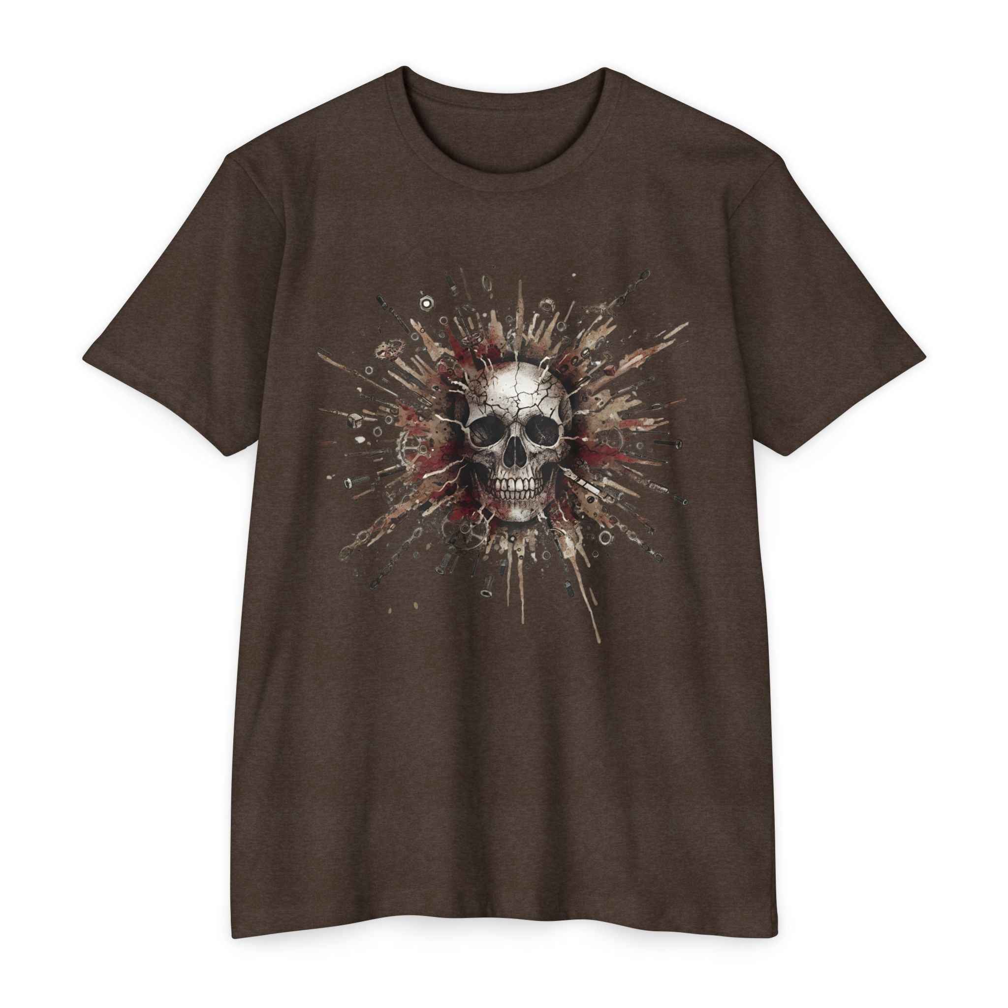 Dark brown MTB Skull Chain T-Shirt with gritty skull and gear explosion graphic, great for hardcore mountain bikers and alternative fashion lovers.