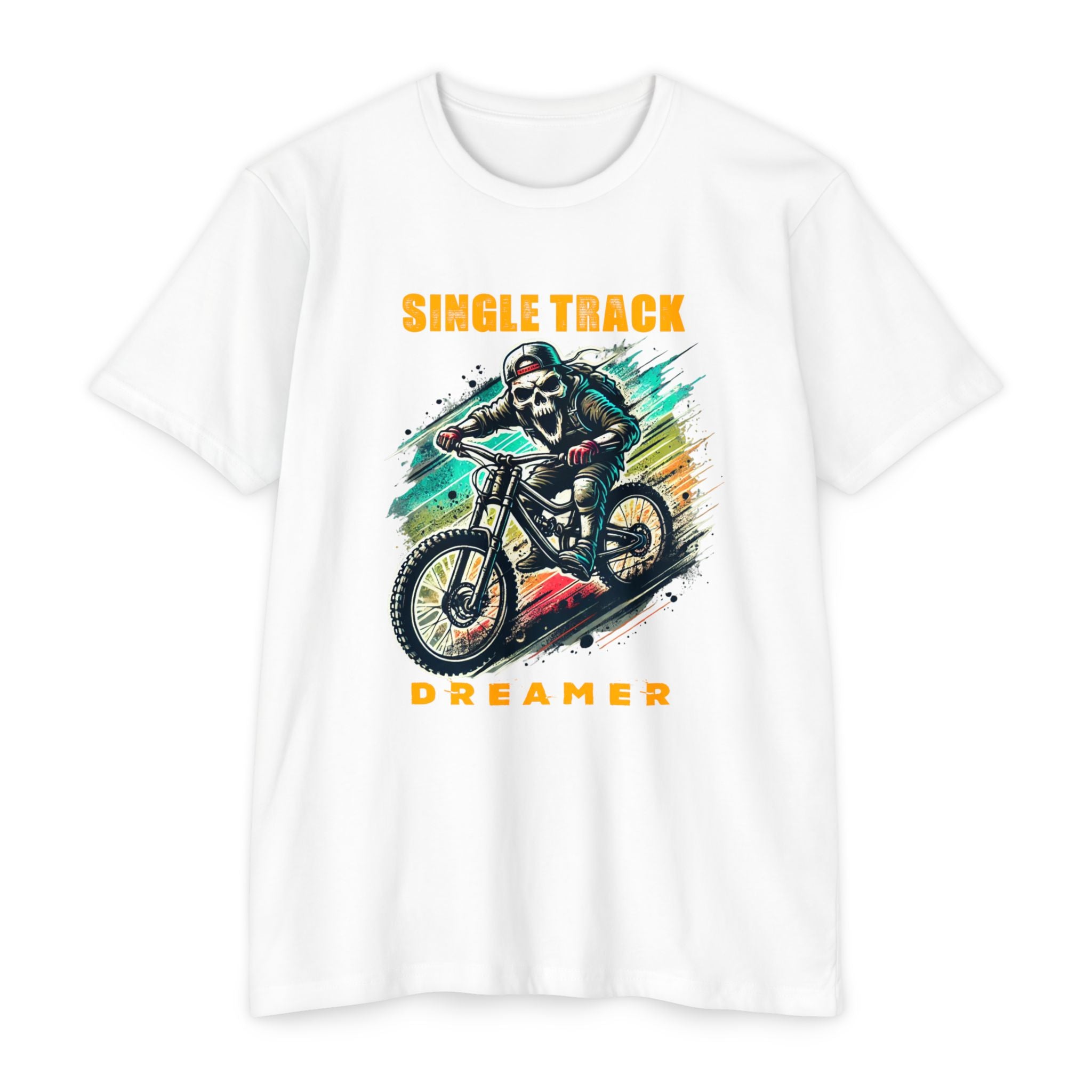 White t-shirt with a graphic of a skeleton riding a bike and text 'Single Track Dreamer' on a white background