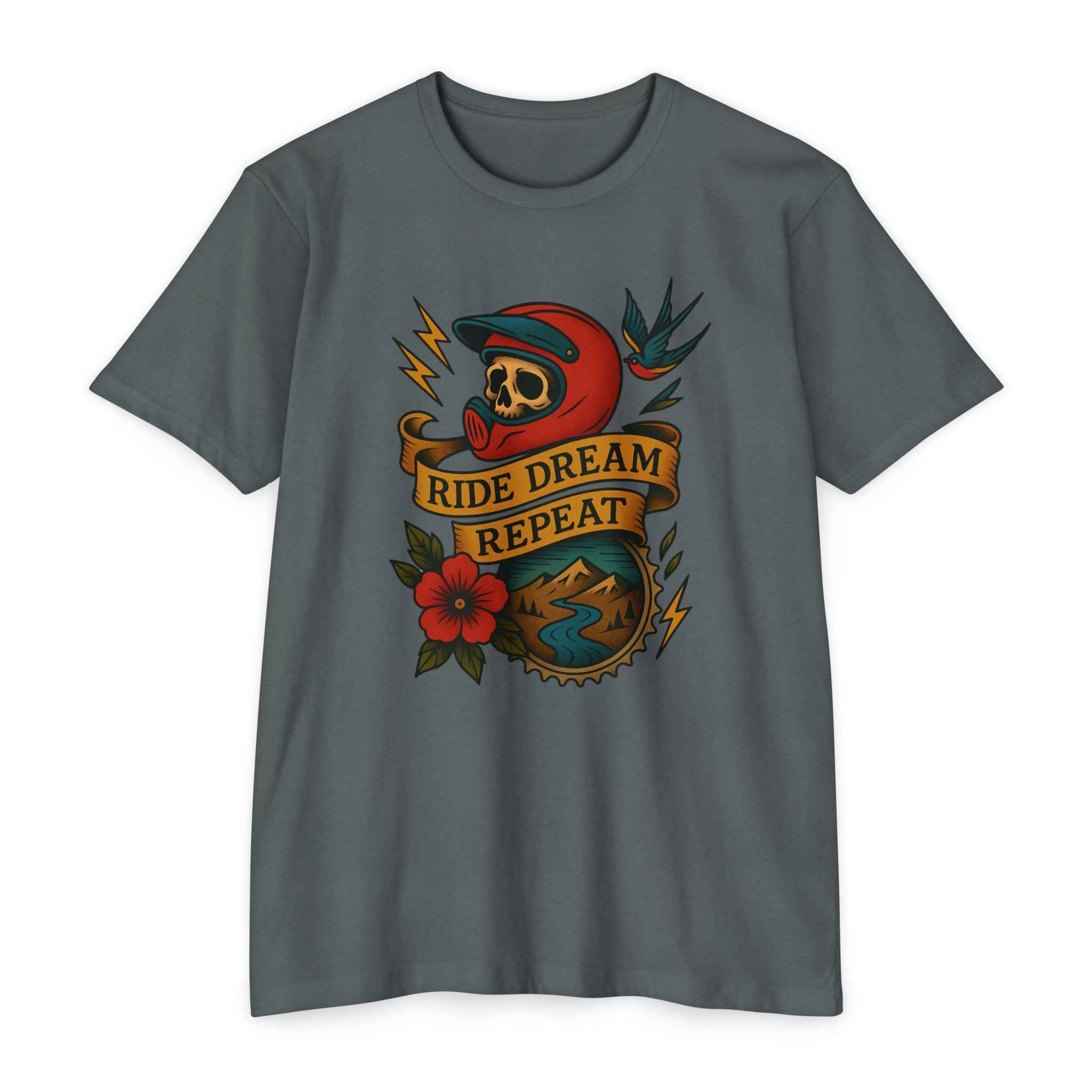 Vintage Rider Spirit Tee in slate gray featuring tattoo-style skull in helmet, floral and mountain art, ideal for moto lifestyle apparel lovers.