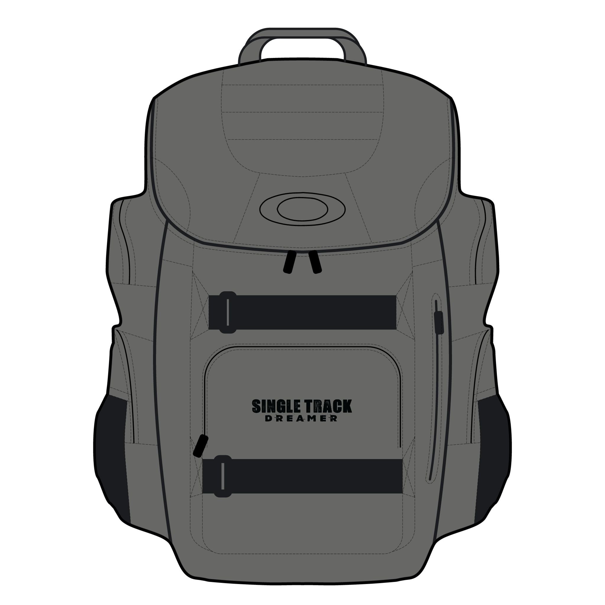 Gray Enduro 30L Backpack for Adventurers featuring 'Single Track Dreamer' branding, designed for outdoor and cycling gear storage.