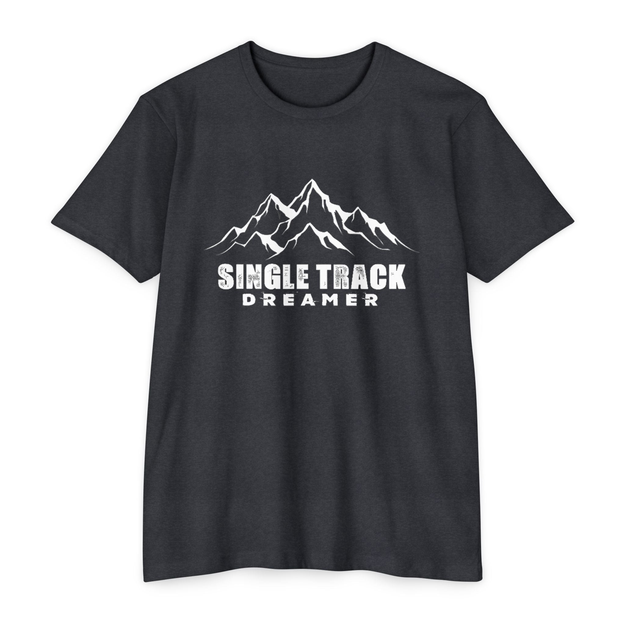 Black t-shirt with white mountain graphic and 'Single Track Dreamer' text on a white background