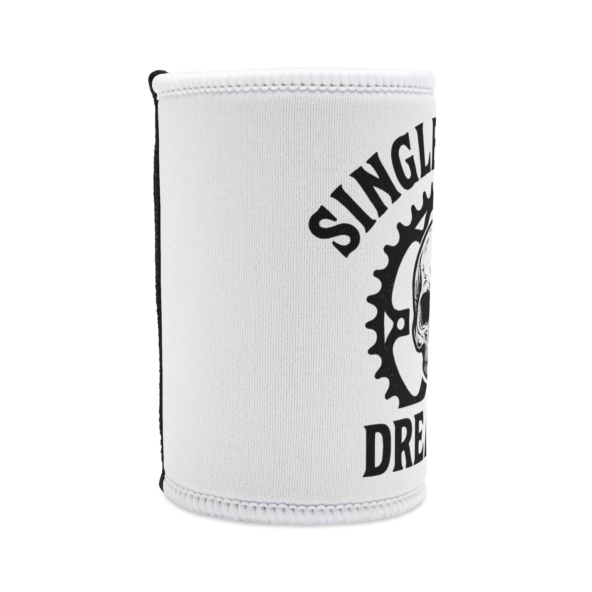 Side view of Skull Stubby Cooler for Bikers showing partial skull gear design and durable white neoprene material with black stitching.