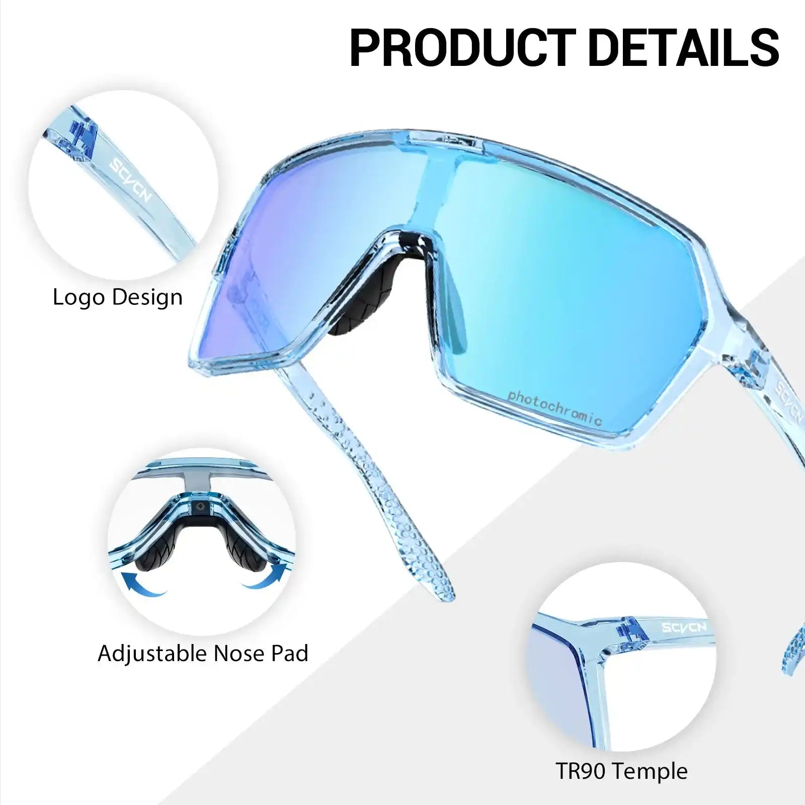 Blue SCVCN photochromic cycling glasses with UV400 protection, featuring adjustable nose pad and TR90 temple for men and women.