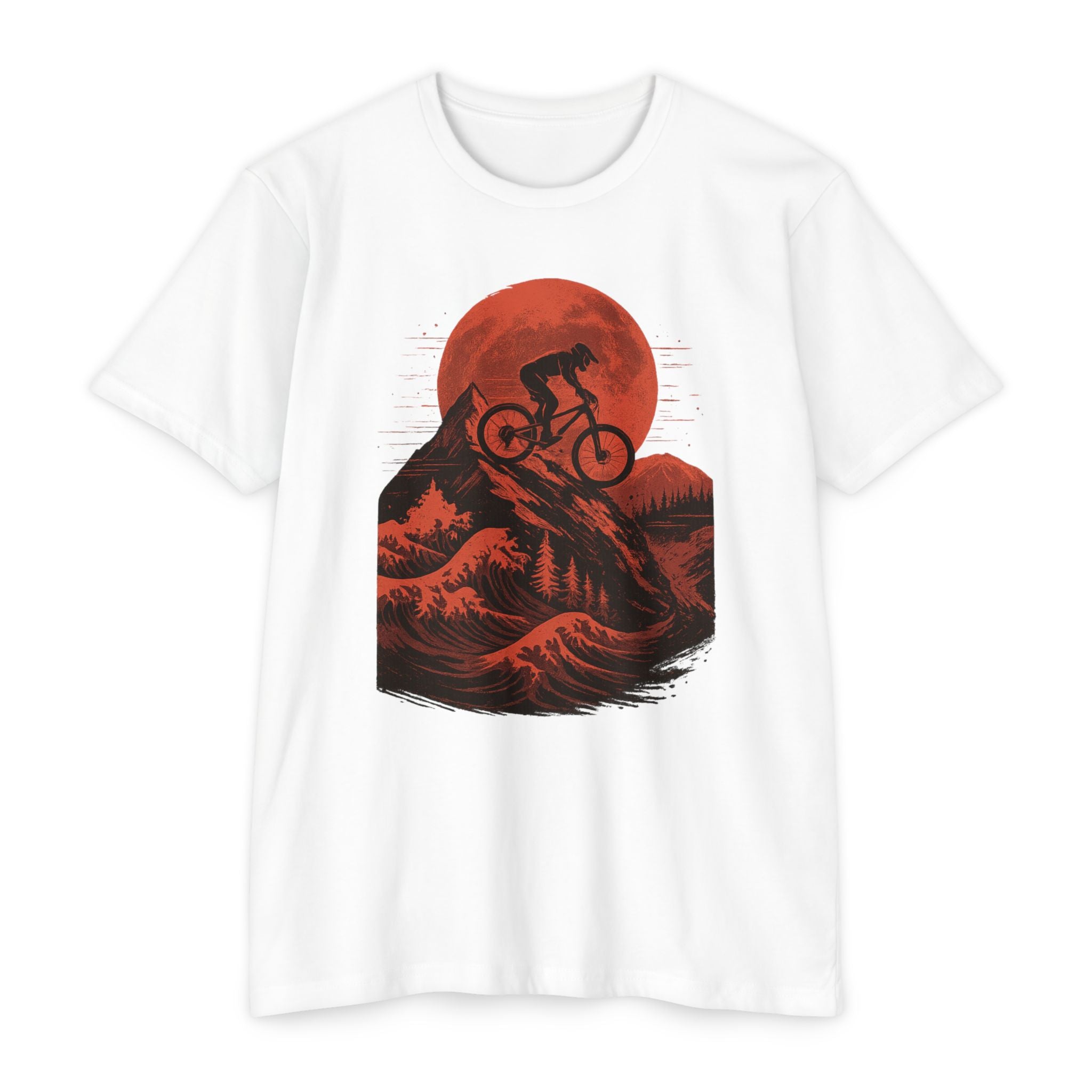 Adventure Tee - Blood Moon features a bold red moon and mountain biker graphic on a white t-shirt, ideal for trail and MTB lifestyle apparel lovers.
