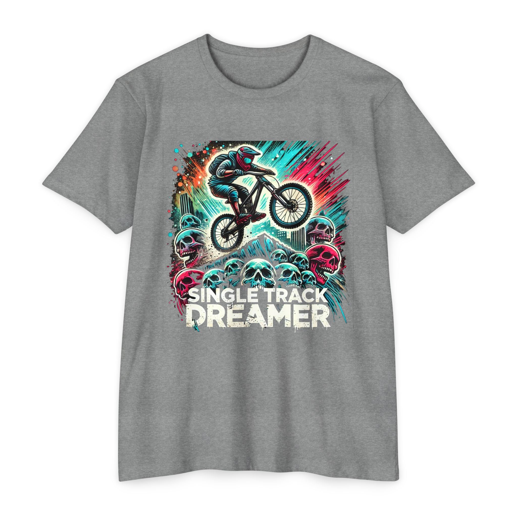 Gray t-shirt with a graphic of a person on a bike and skulls, labeled 'Single Track Dreamer', on a white background.