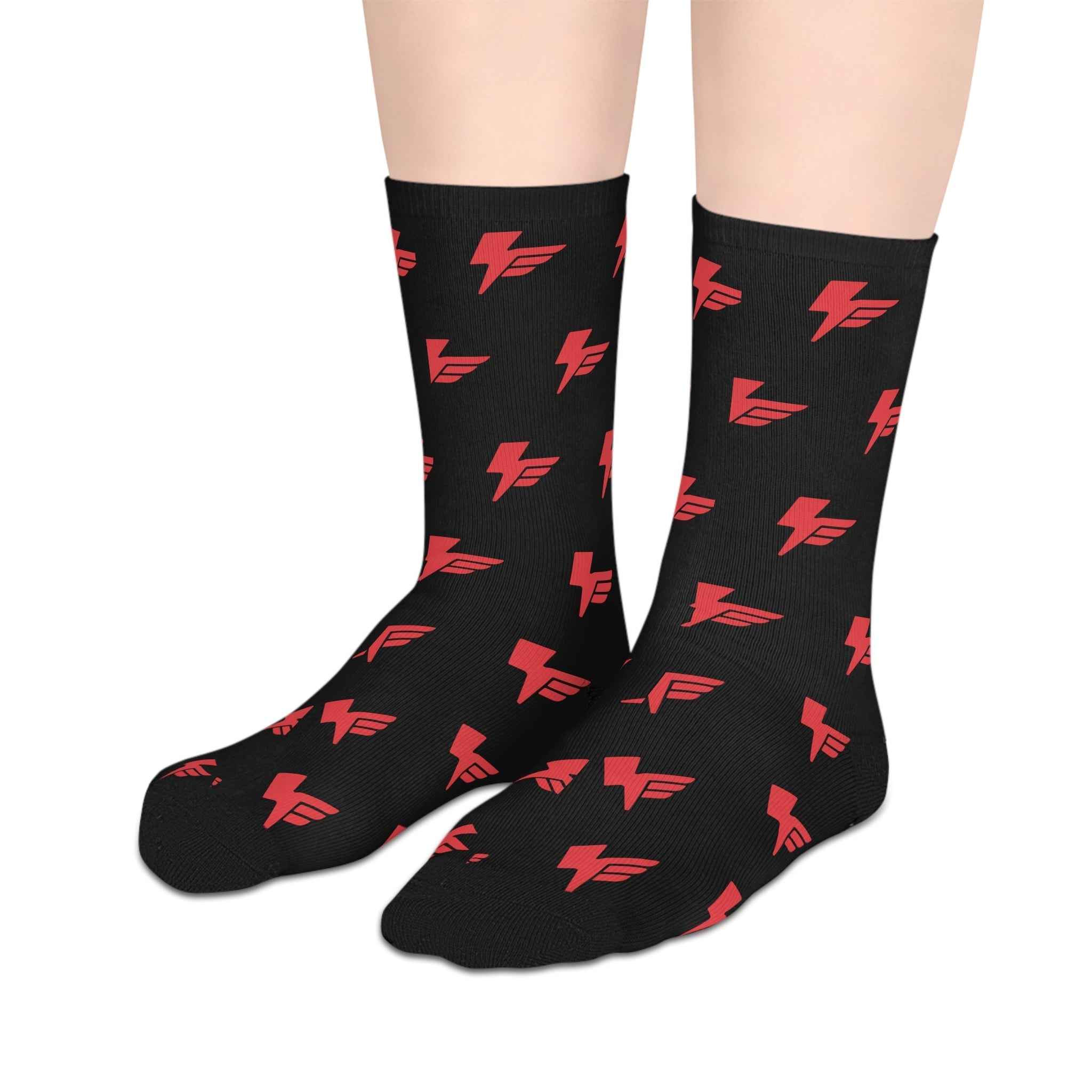 Mid-length stylish socks for riders with electric vibes lightning design in red on black fabric. Crew socks ideal for biking, trail, or casual wear.