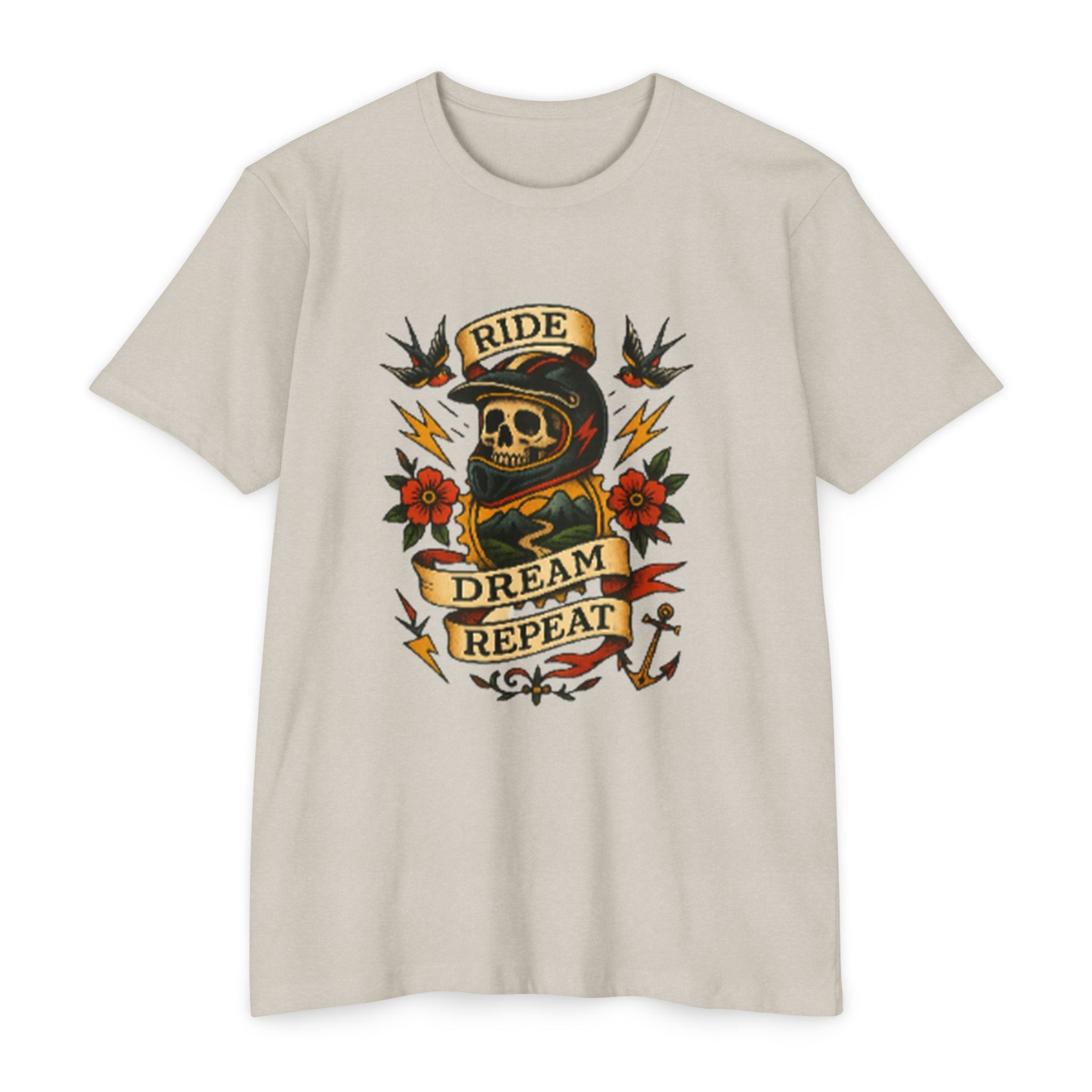 Beige t-shirt with graphic design featuring a helmet, skull, and text on a white background