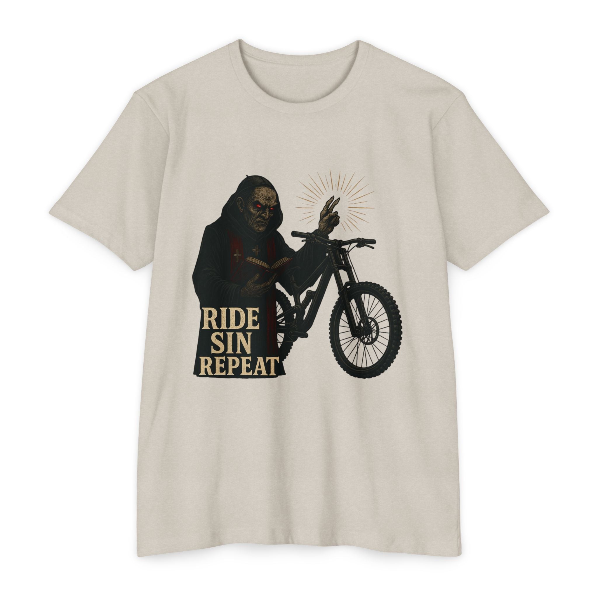Beige t-shirt with a graphic of a person on a motorcycle and 'Ride Sin Repeat' text.