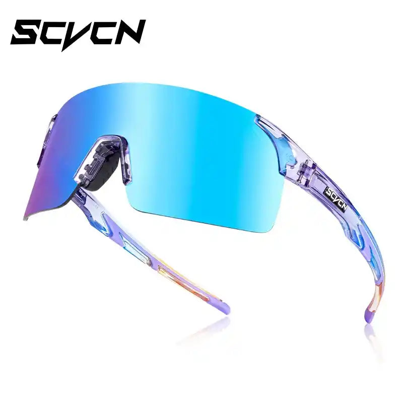 Photochromic MTB cycling sunglasses with blue mirrored lens and transparent purple frame, designed for UV protection and adjustable fit.