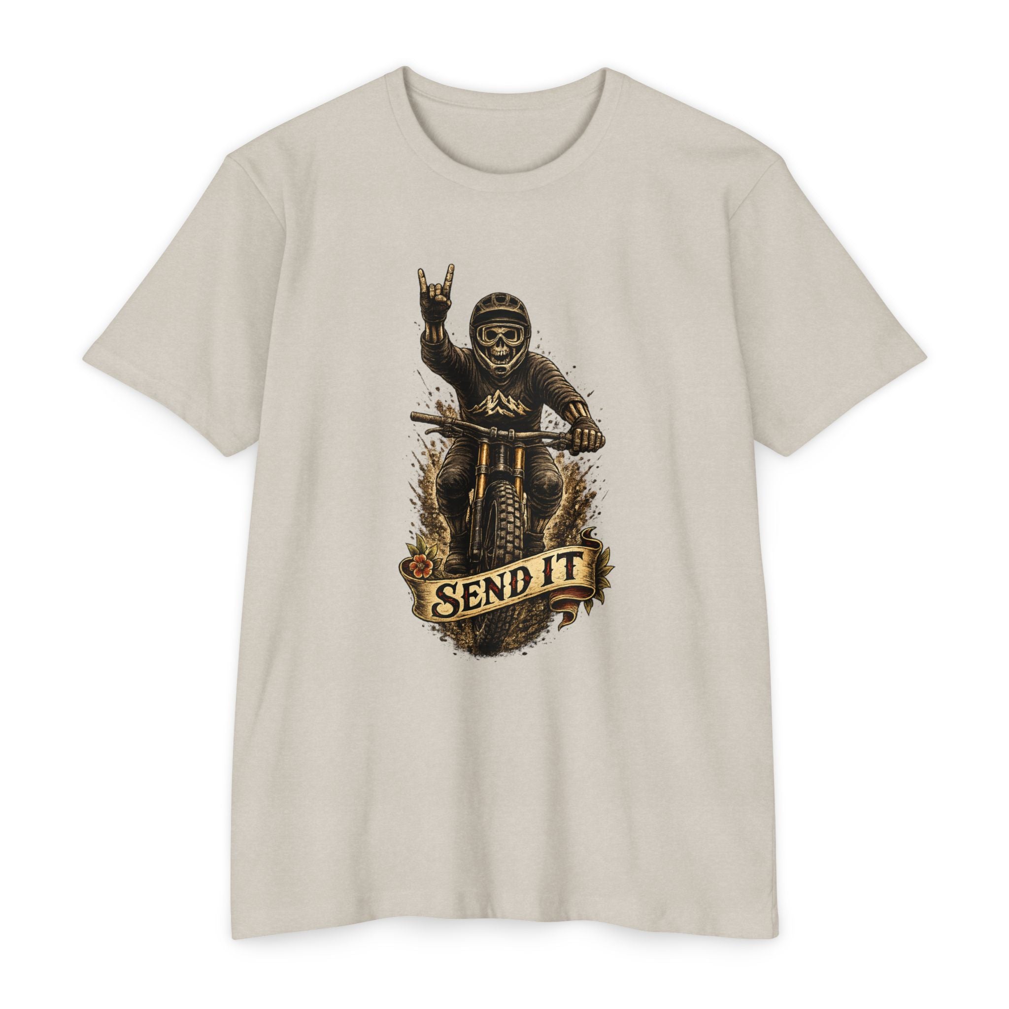 MTB T-Shirt – Send It Skeleton Downhill Rider Graphic Tee | Single Track Dreamer