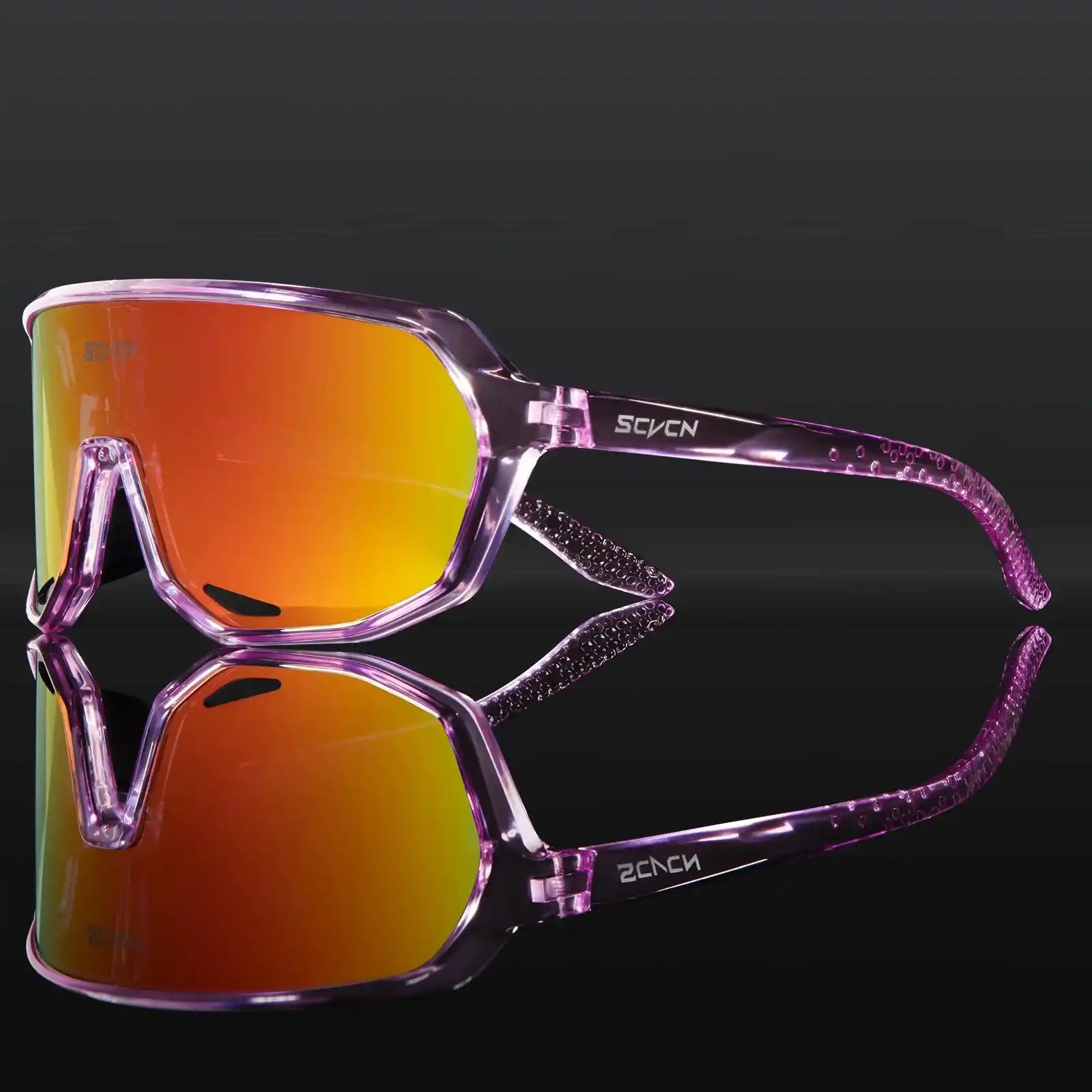 Purple frame sports sunglasses with orange-red photochromic lenses, offering UV400 protection for cycling and outdoor activities.