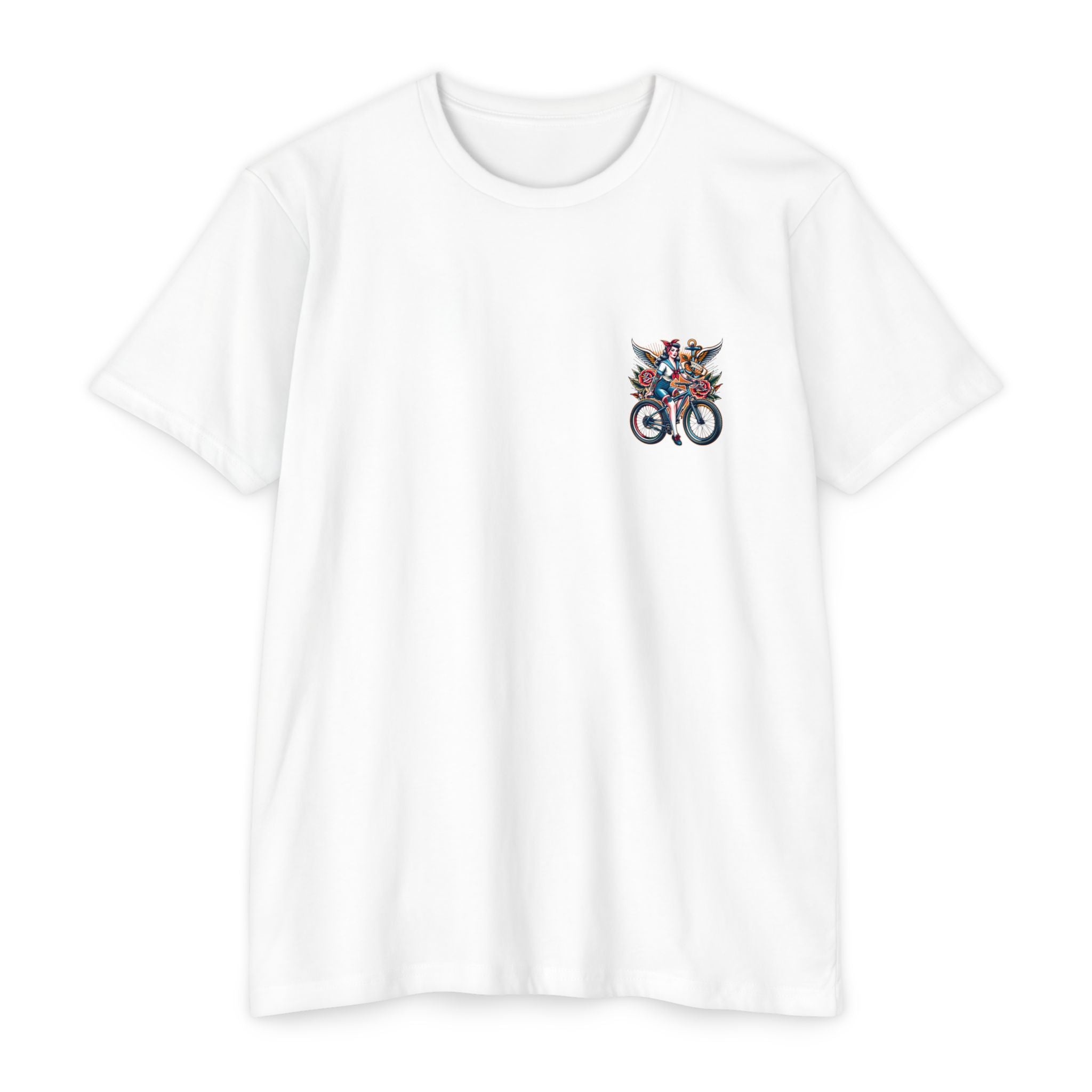 White t-shirt with a small colorful graphic on the chest against a white background