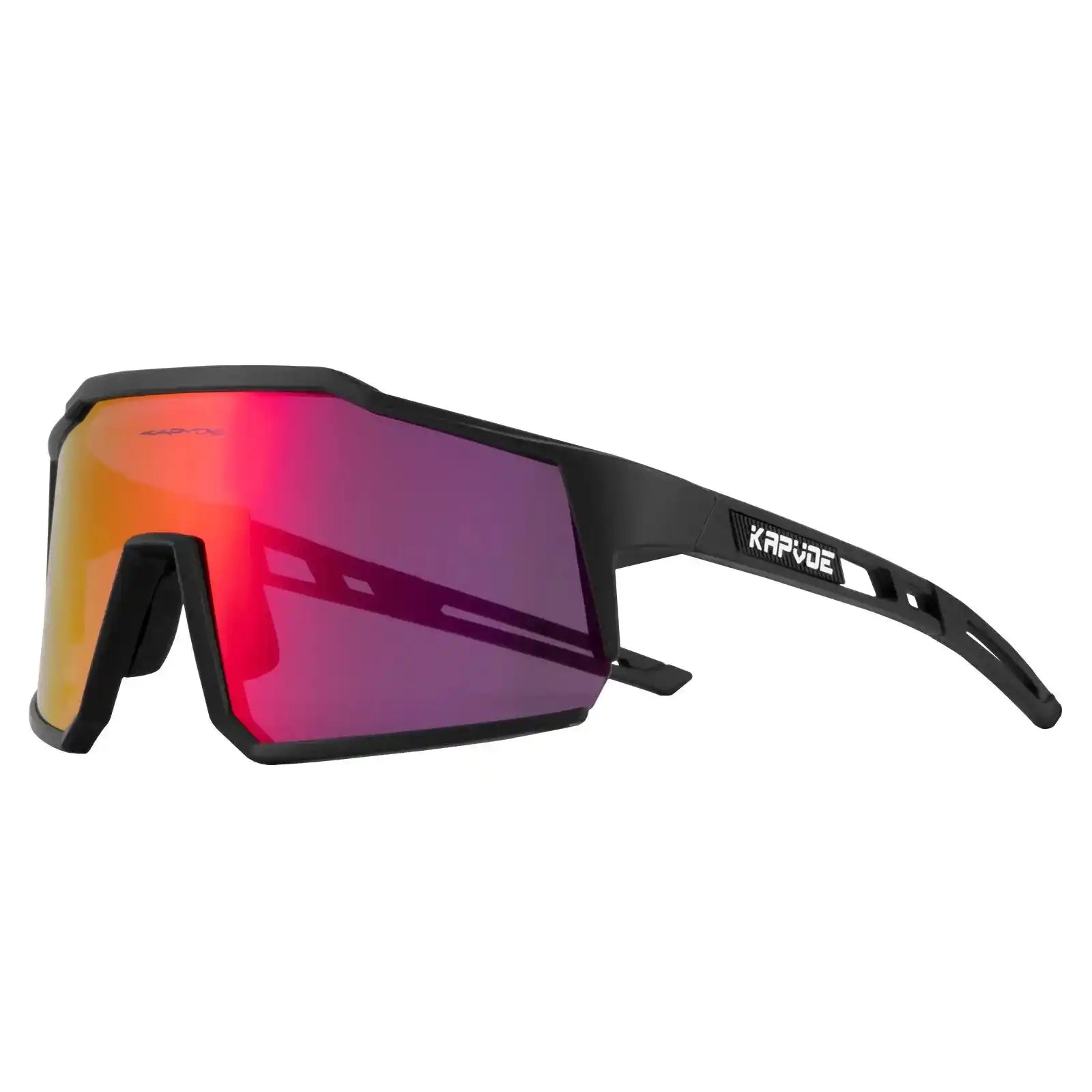 Kapvoe polarized cycling glasses with red UV400 lens and black ultra light frame. Designed for comfort and glare reduction during rides.