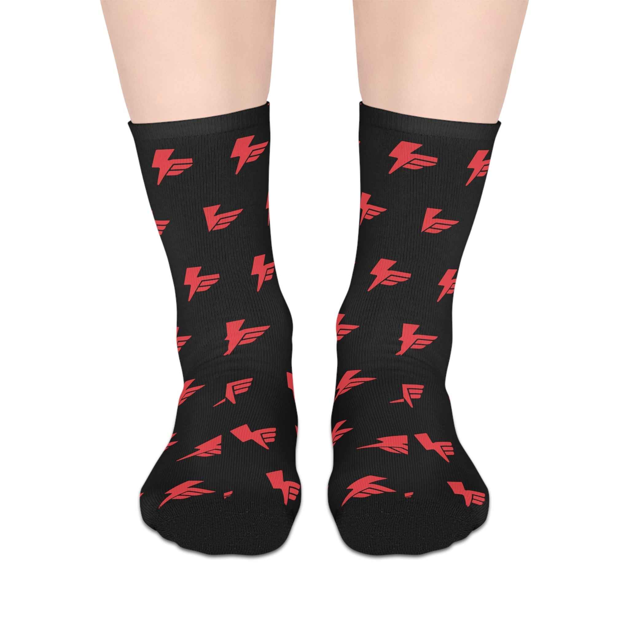 Mid-Length Stylish Socks for Riders with bold red Electric Vibes Lightning Design on black fabric. Crew socks ideal for biking, trail, or casual wear.