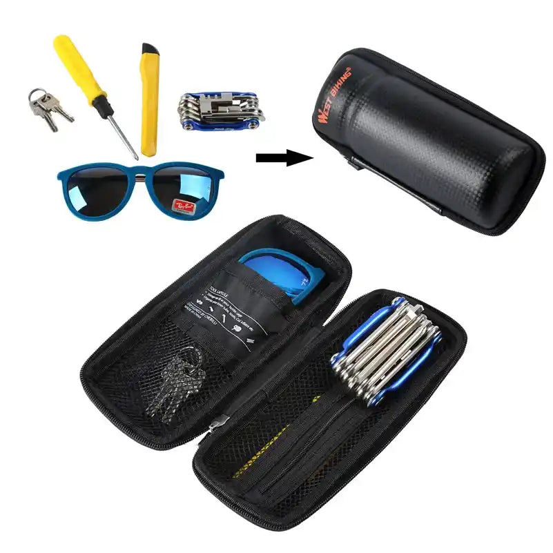 Cycling accessories including tools and sunglasses stored in WEST BIKING Bike Tools Storage Box. Compact and efficient storage solution.