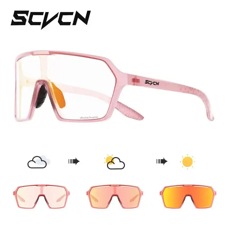 Pink photochromic cycling sunglasses with UV400 protection, lenses shift from clear to orange for optimal outdoor sports visibility.