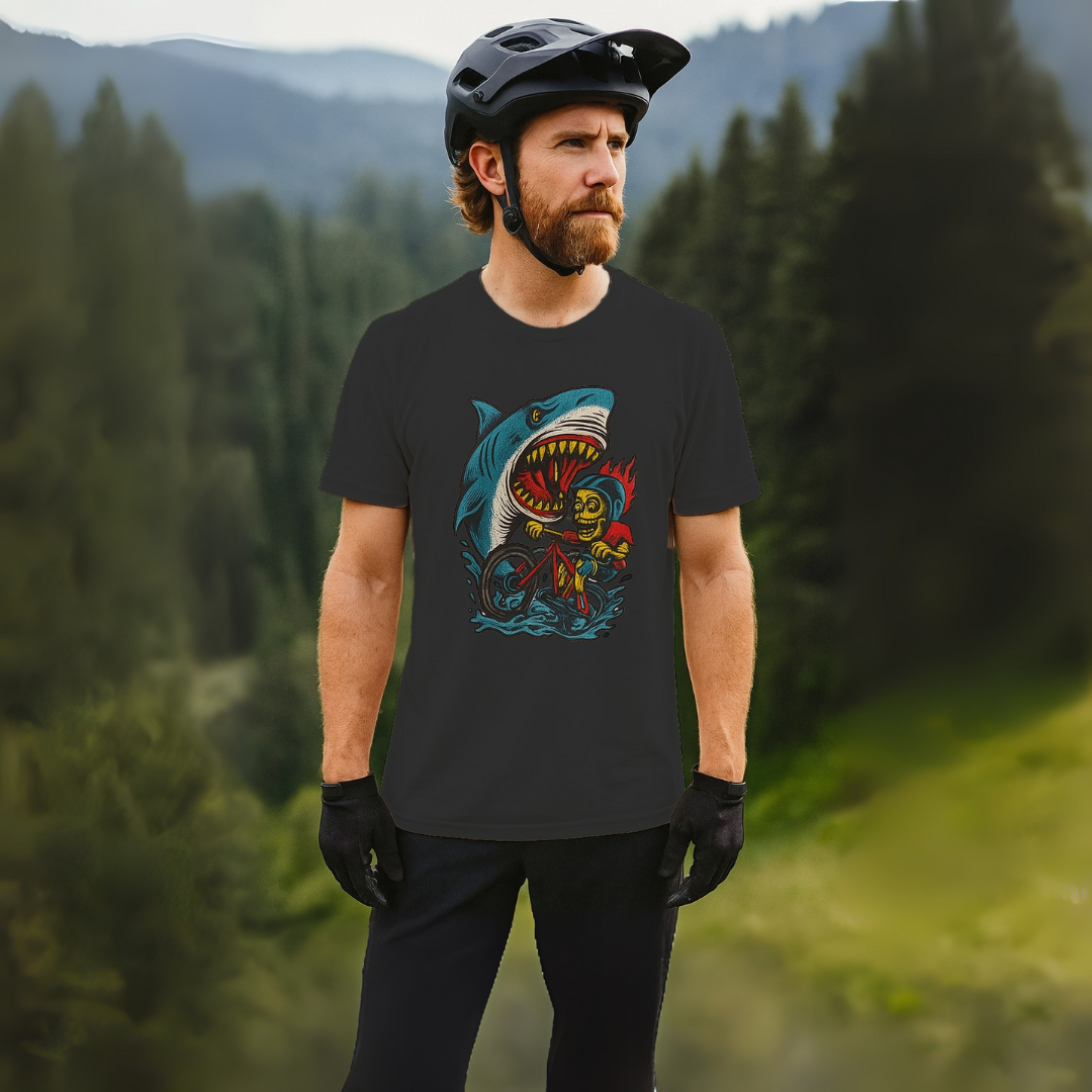 Man wearing a black t-shirt with a shark graphic in a forest setting