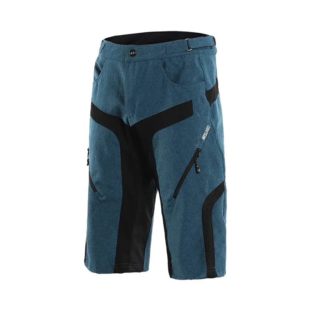a blue shorts with black accents and zippers