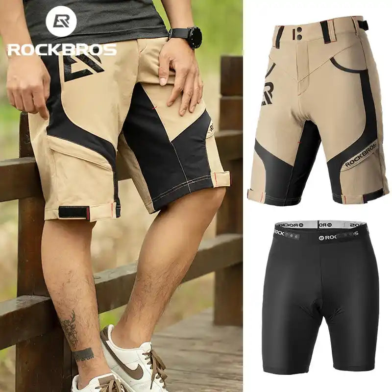 ROCKBROS Cycling Bike Shorts in beige and black with detachable padded liner, ideal for summer MTB sports and breathable comfort.