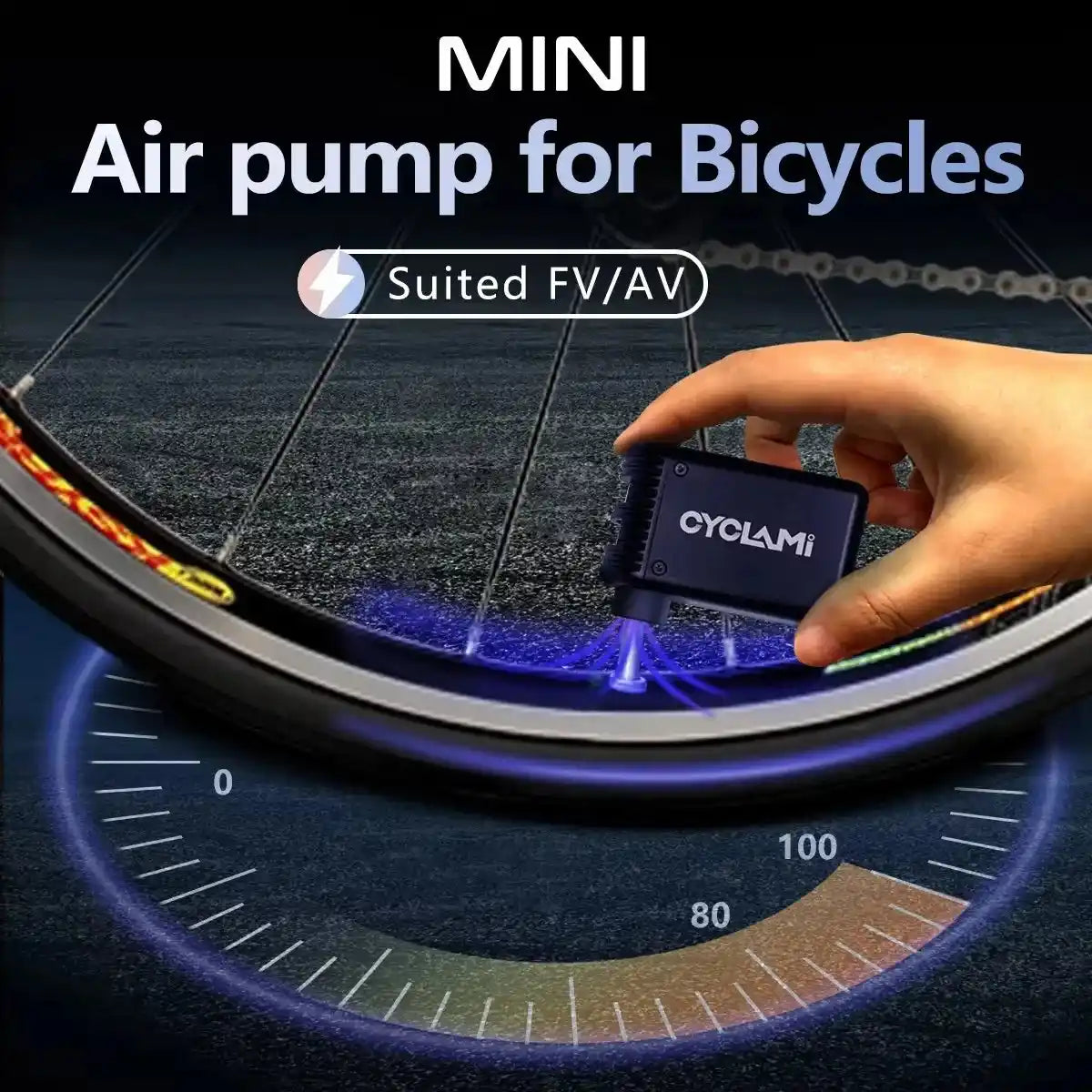 Compact CYCLAMI Mini Plus cordless bike pump inflating a bicycle tire, compatible with FV and AV valves for outdoor cycling.