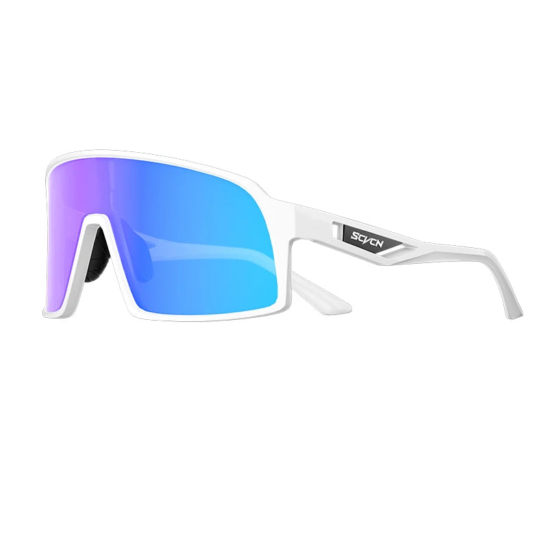 SCVCN white cycling glasses with blue mirrored lenses, lightweight design ideal for UV protection and high-performance biking.