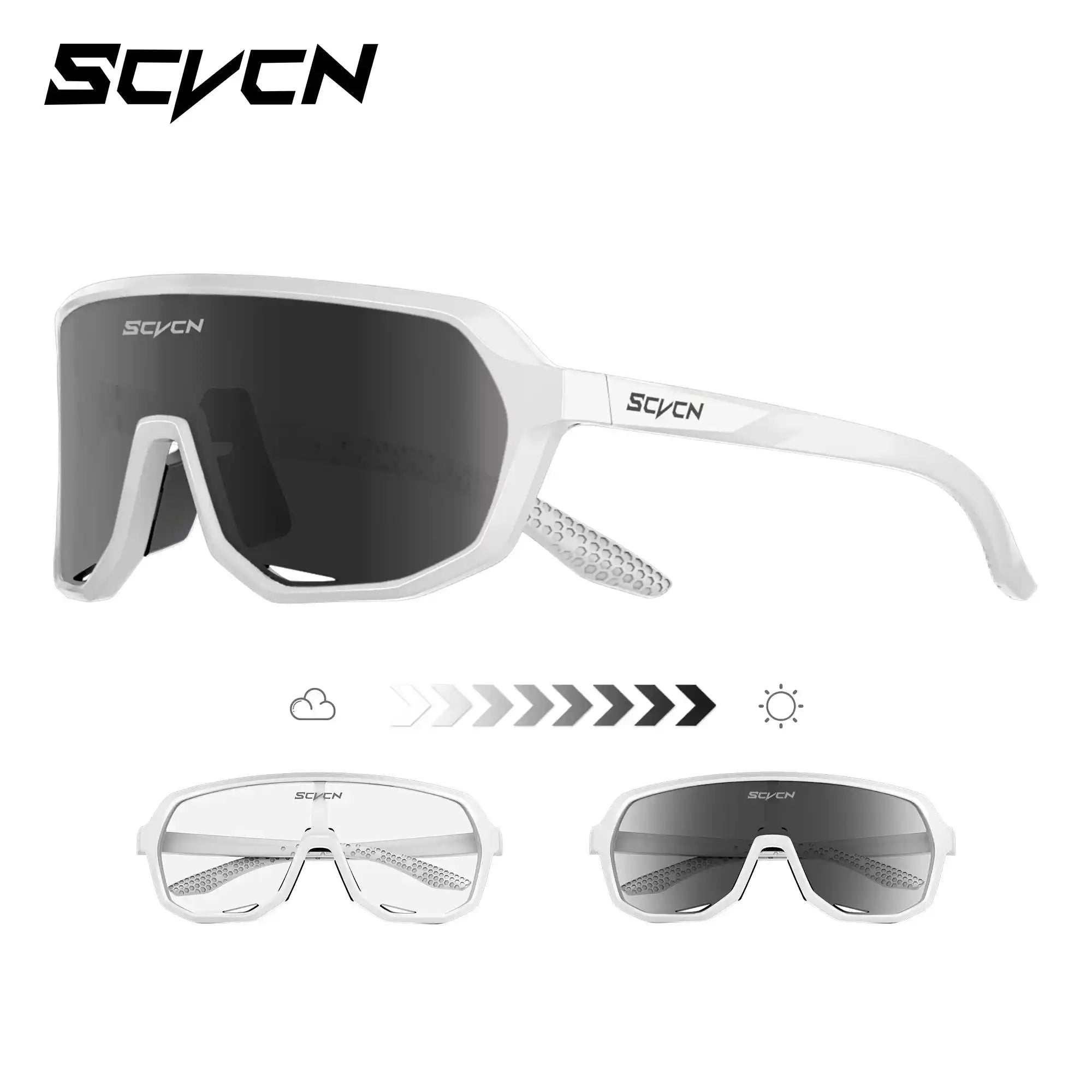 White UV400 photochromic cycling eyewear with anti-slip nose pads, perfect for trail riding and high-performance outdoor cycling activities.