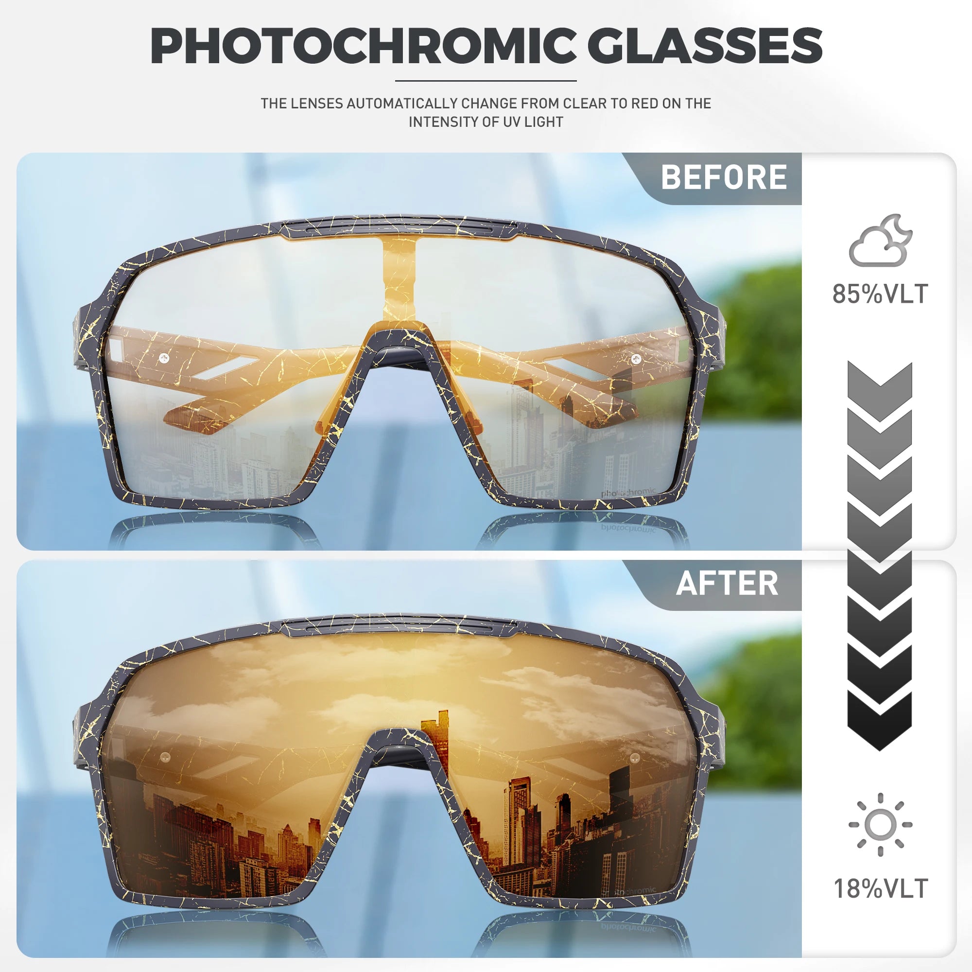 SCVCN photochromic cycling glasses showing lens transition from clear to amber under UV light. Ideal for biking with 85% to 18% VLT adjustment.
