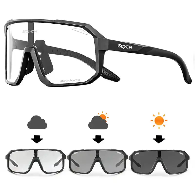 SCVCN black photochromic cycling glasses with adaptive lenses for UV protection, ideal for all-weather outdoor sports and cycling.