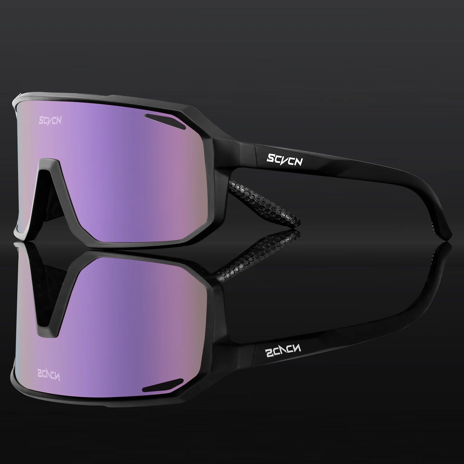 SCVCN Cycling Glasses in black frame with purple mirrored lenses, built for high-performance cycling and UV protection in outdoor conditions.
