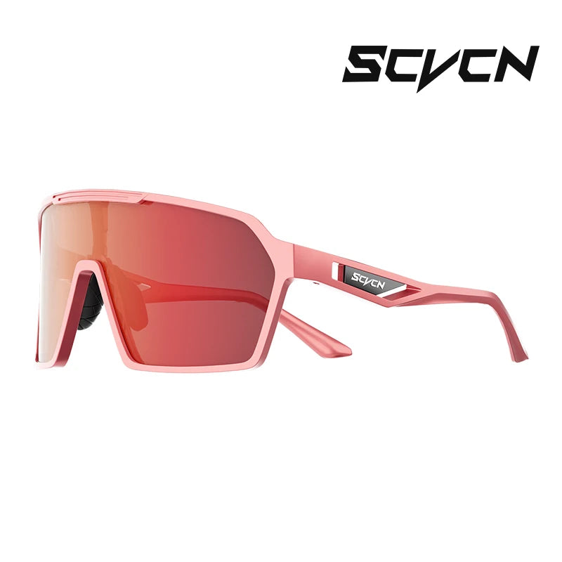 SCVCN UV400 cycling glasses in pink with red mirrored lenses, designed for outdoor sports and biking with anti-slip nose pads and TR90 frame.