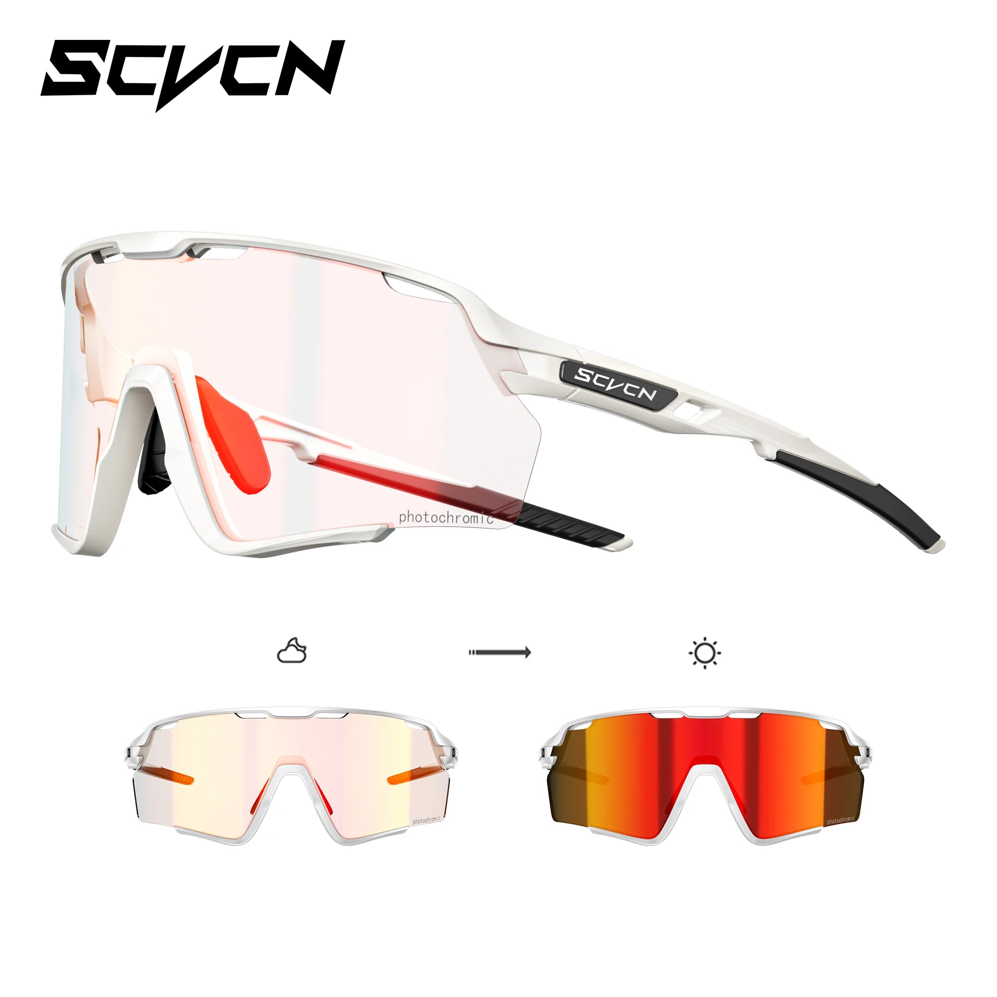 Cycling glasses with UV400 protection and TR90 white frame, featuring photochromic lenses that adapt to light for outdoor sports and cycling use.
