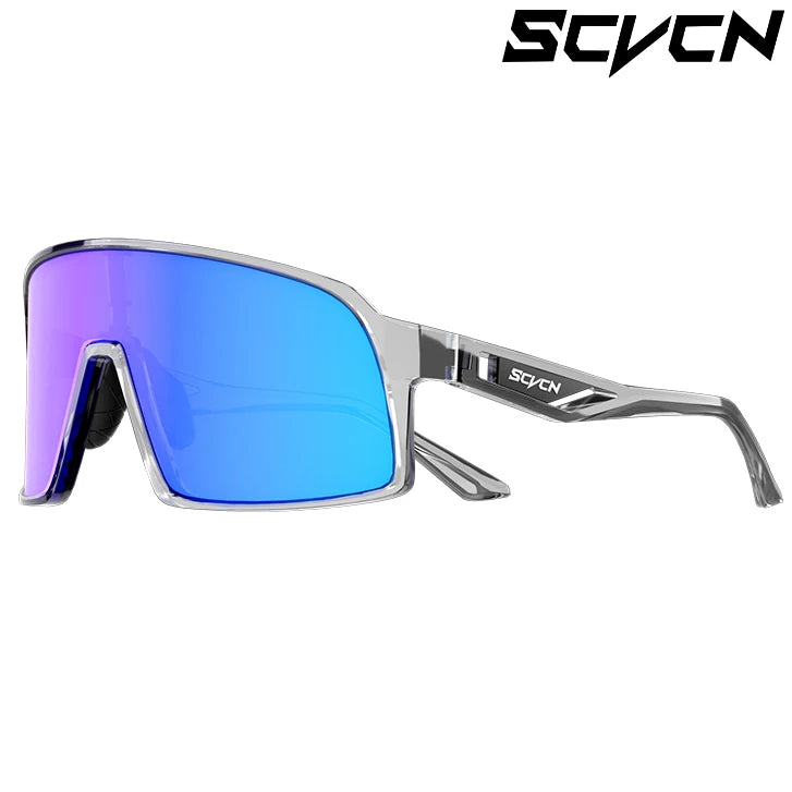 SCVCN cycling glasses with a sleek transparent frame and blue mirrored UV400 lens, ideal for high-performance biking and outdoor recreation.