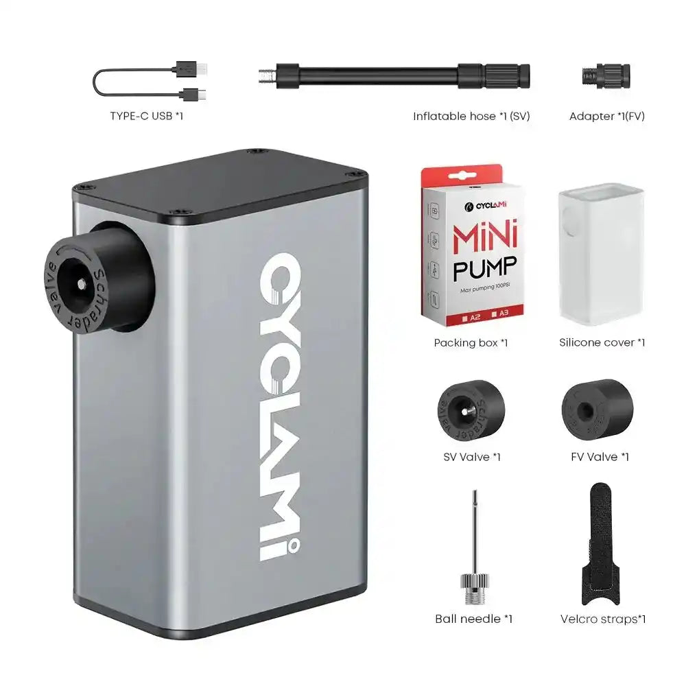 CYCLAMI A3 mini electric air pump kit with accessories including SV and FV valves, USB-C cable, ball needle, and silicone cover.