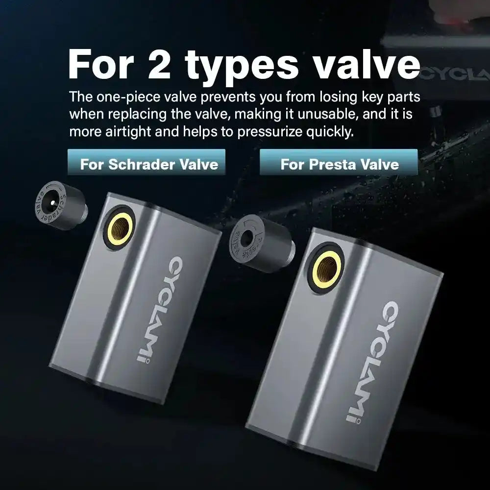 CYCLAMI A3 mini electric air pump supports Schrader and Presta valves with one-piece airtight design for efficient inflation.