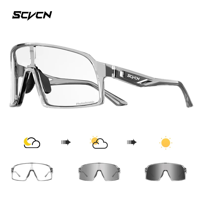 Transparent SCVCN Cycling Glasses with photochromic lenses, engineered for UV400 protection and adaptive visibility in changing light conditions.