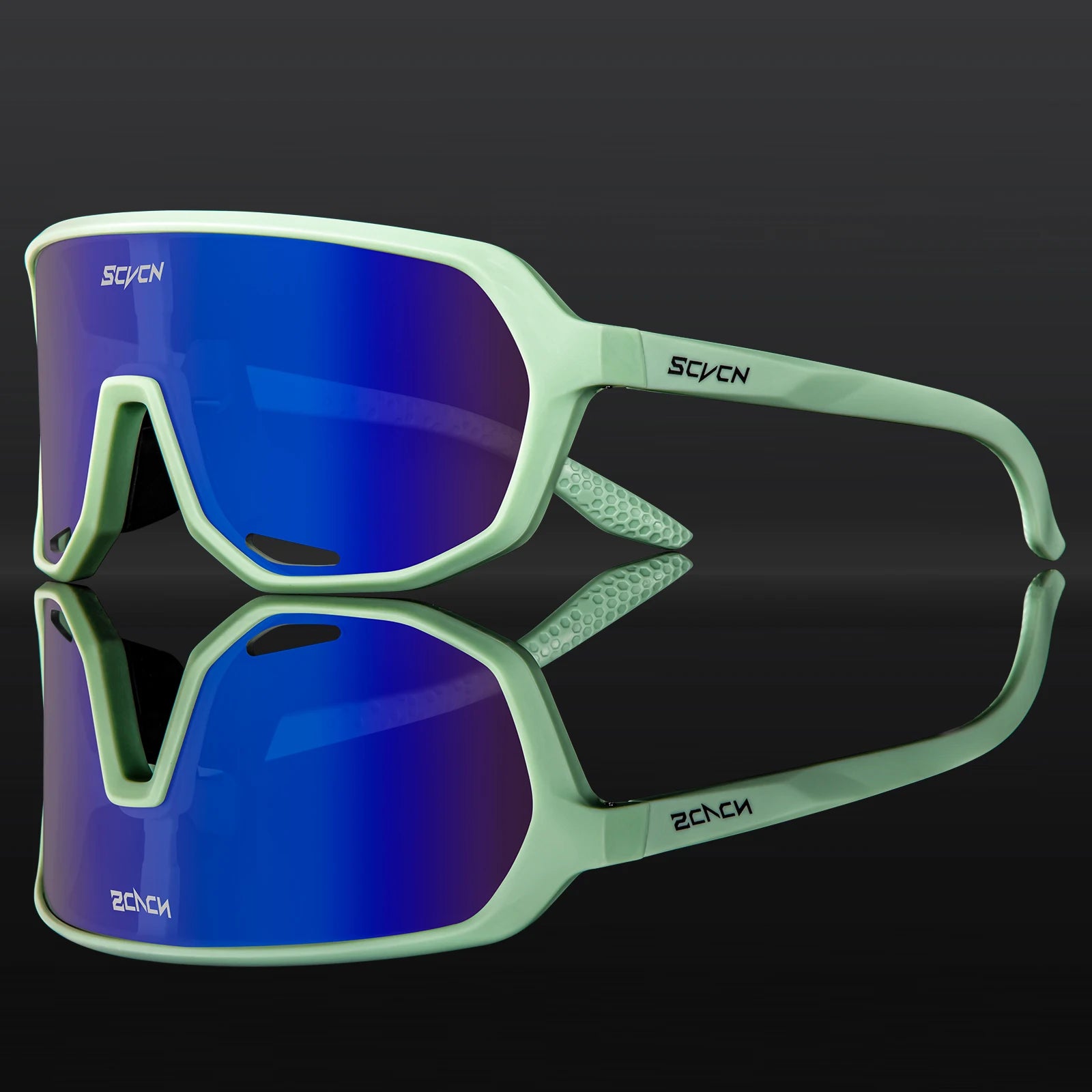 SCVCN cycling glasses with UV400 protection in mint green frame and blue mirrored lenses, offering glare reduction and sand protection for cyclists.