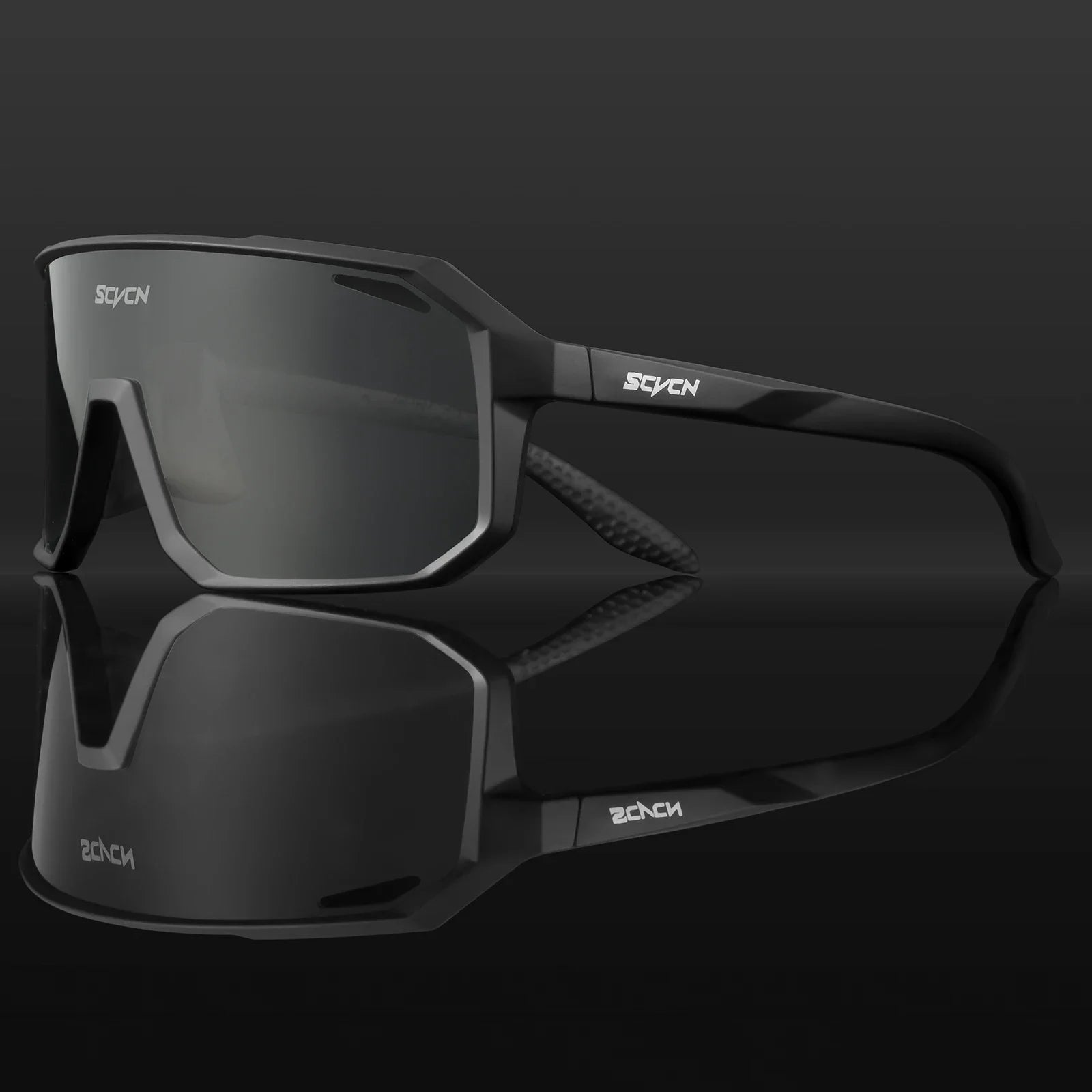SCVCN cycling glasses in matte black with dark photochromic lens, offering UV400 protection. Sleek design for high-performance outdoor cycling.