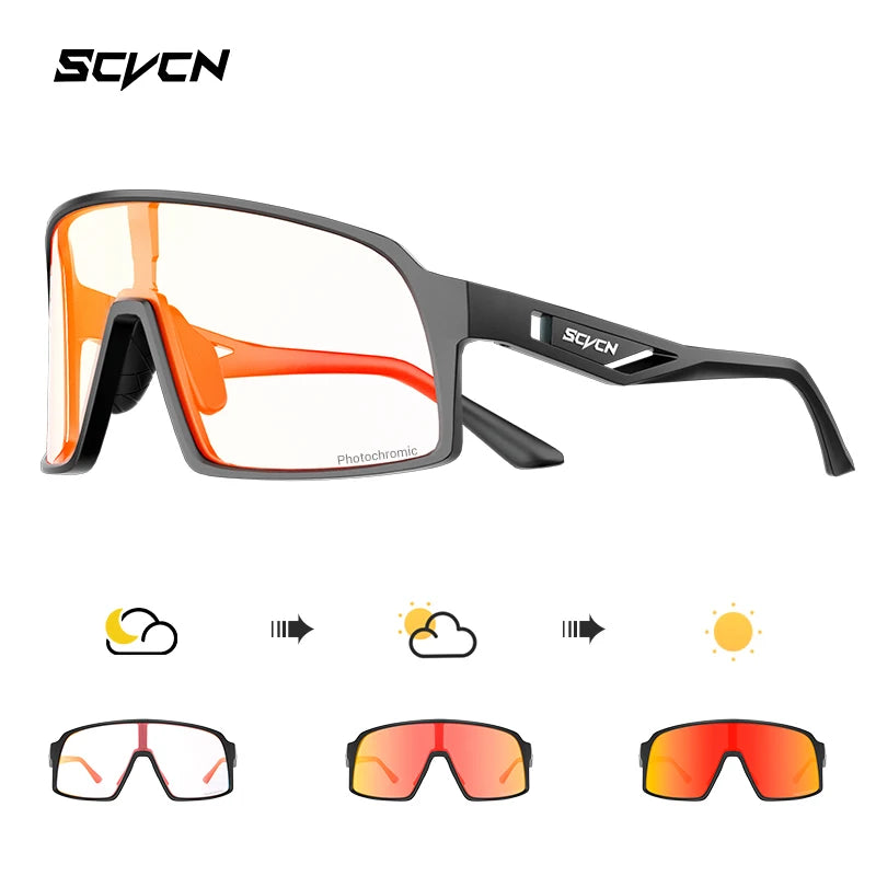 SCVCN cycling glasses featuring photochromic red-orange lenses and black frame, designed for UV400 protection and adaptive light conditions.
