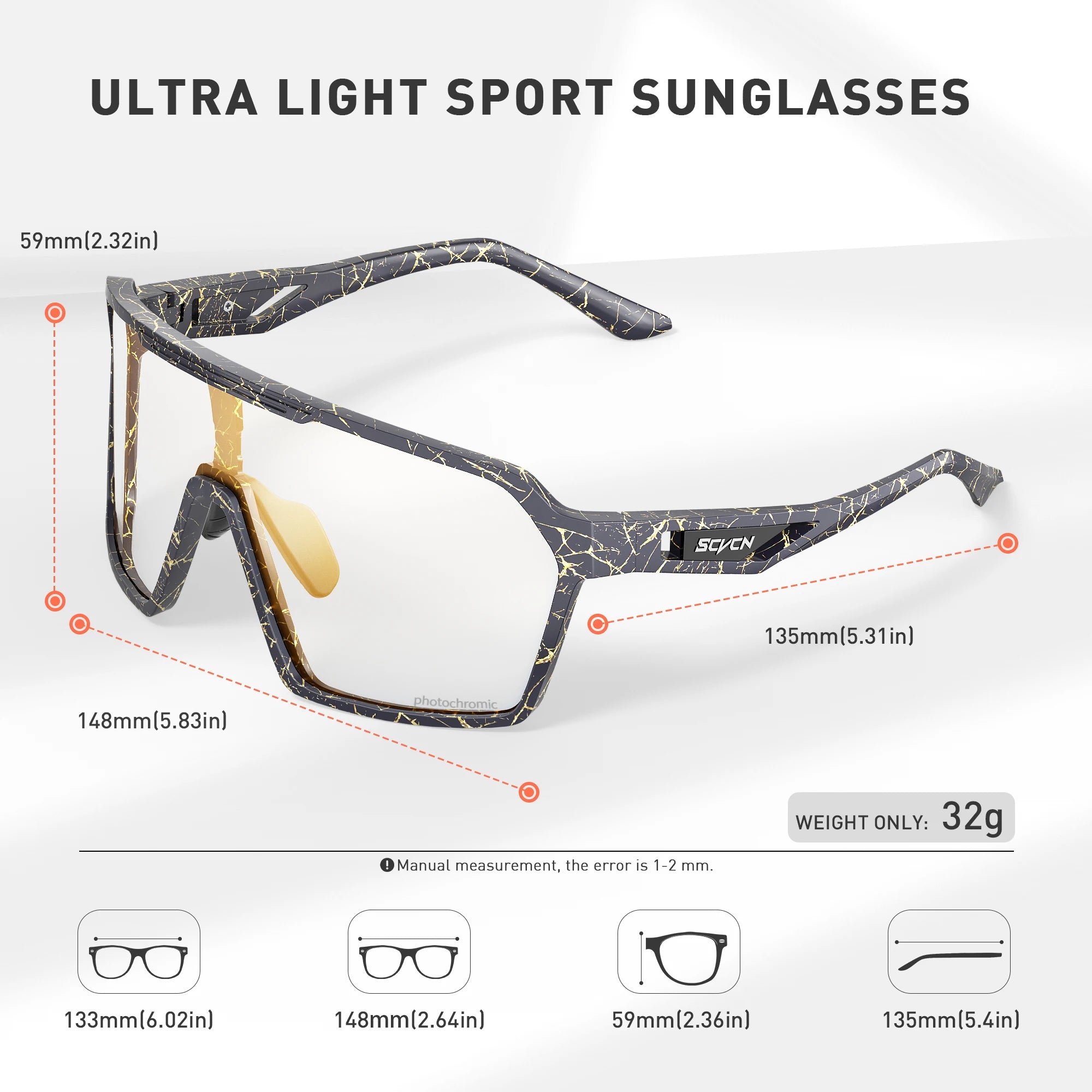 SCVCN UV400 cycling glasses with ultra-light TR90 frame and anti-slip nose pad, ideal for outdoor sports and biking. Features 32g weight and full dimensions.